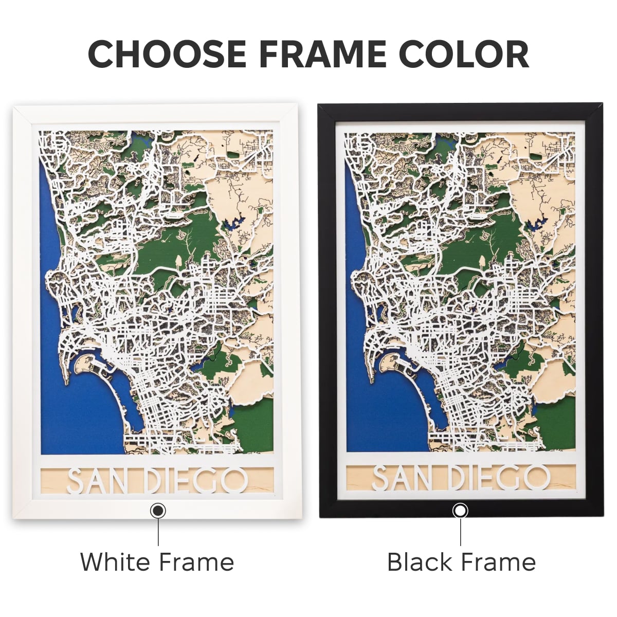 Two framed maps of San Diego, one with a white frame and the other with a black frame.
