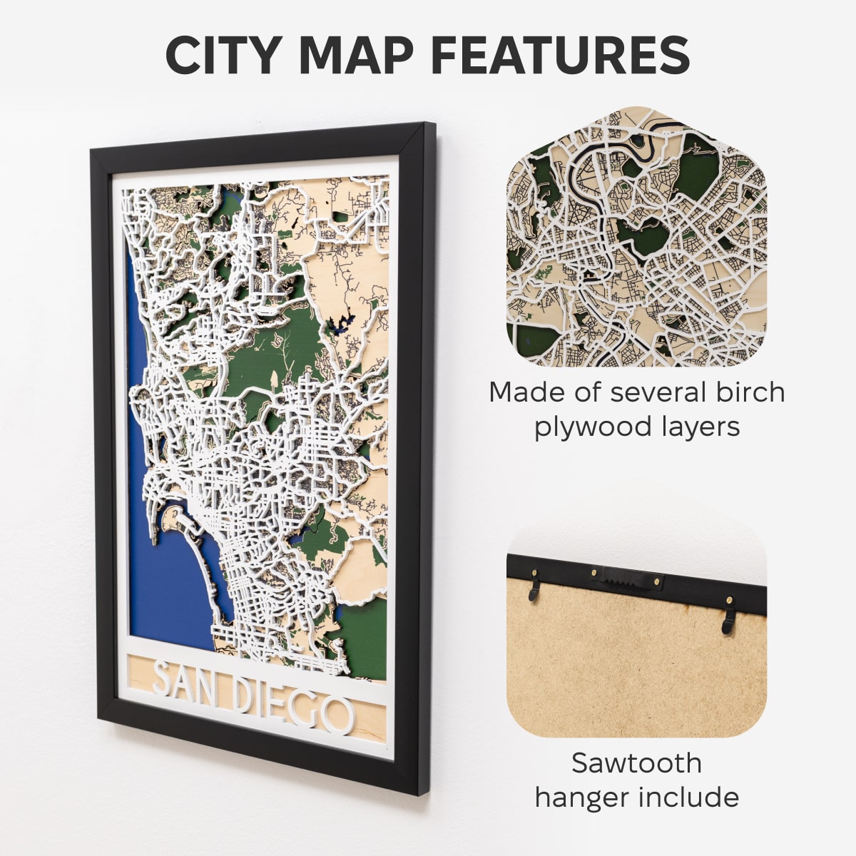 Framed city map of San Diego with a sawtooth hanger on a white background