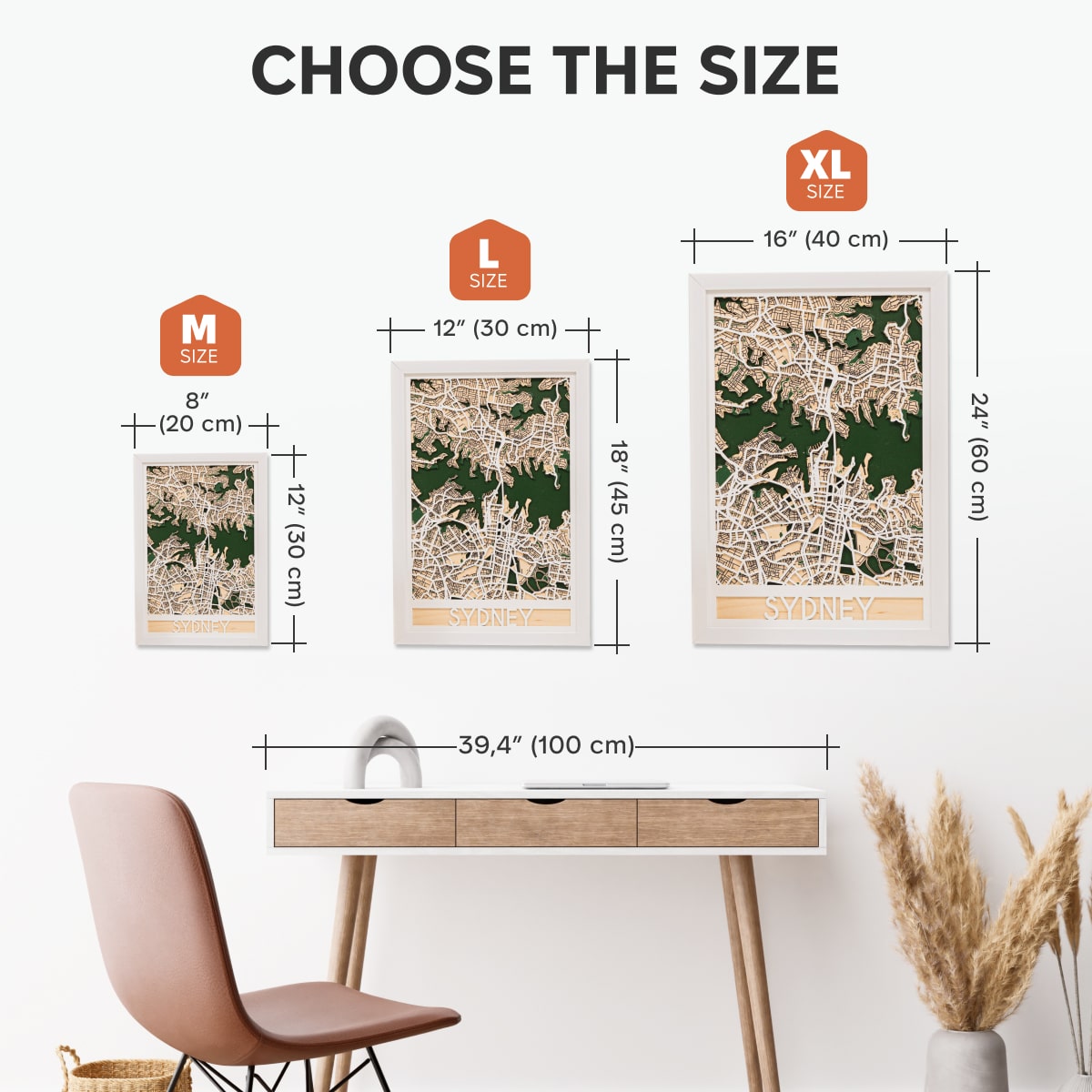Size chart for wall art prints with dimensions and a desk and chair in the background.
