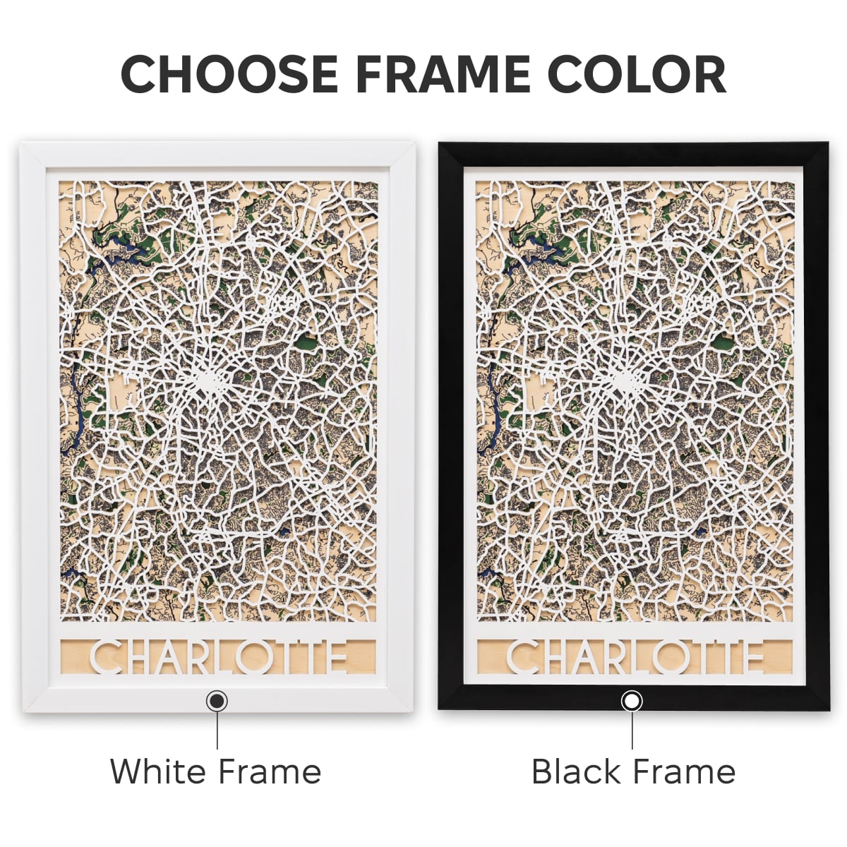 Two framed artworks with 'Charlotte' text, one in a white frame and the other in a black frame.