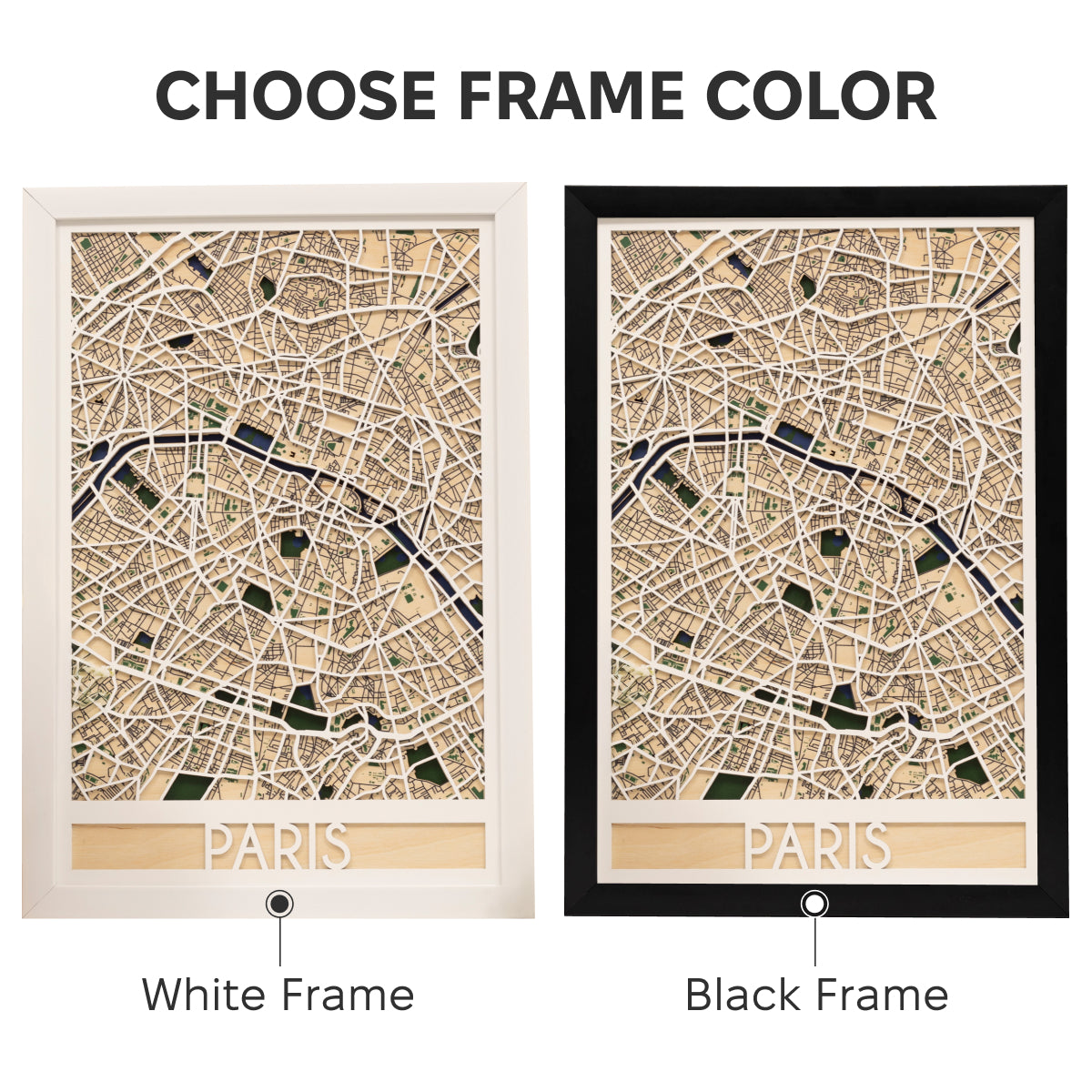Two framed maps of Paris with white and black frames on a white background.