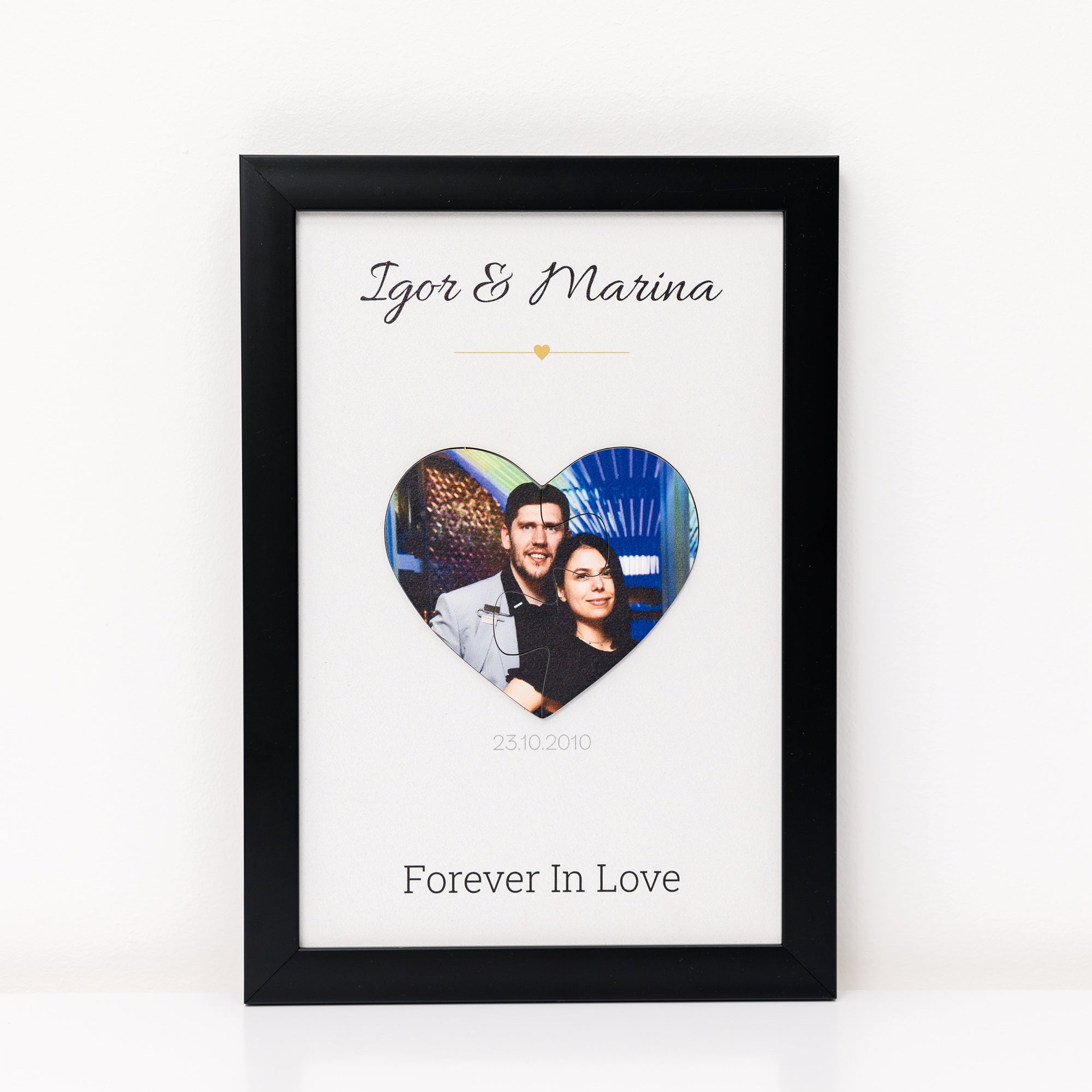 Framed photo of a couple with 'Forever In Love' text on a white background