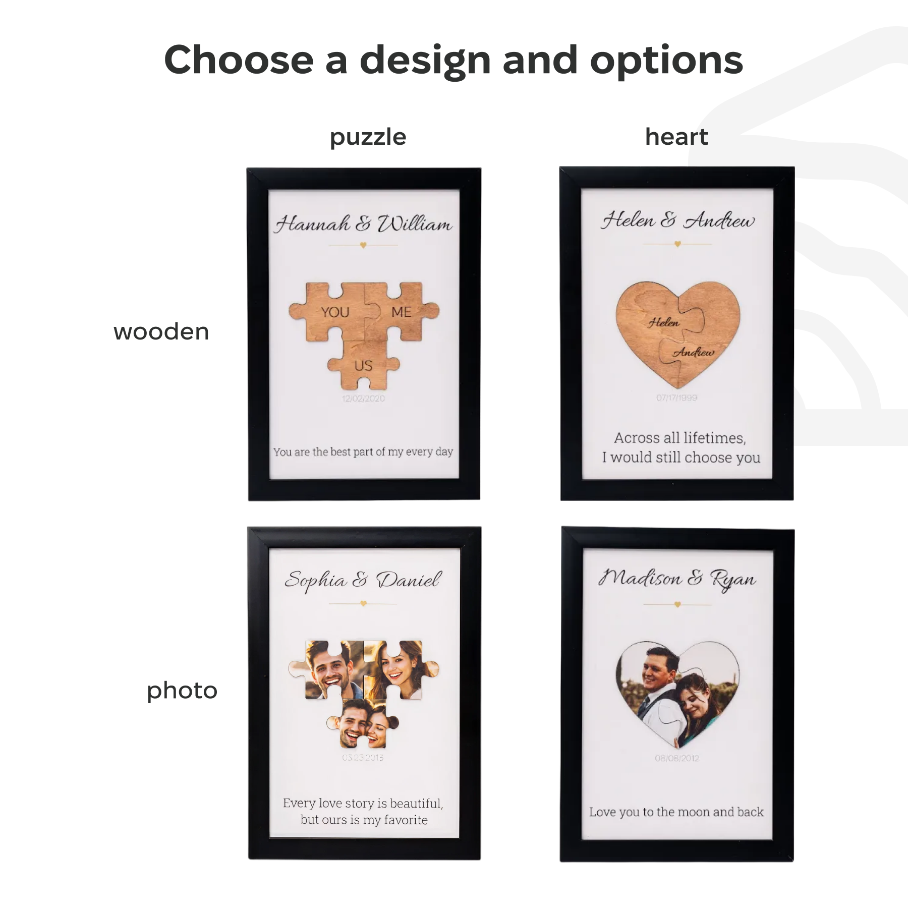 Four framed designs with different styles and text on a white background