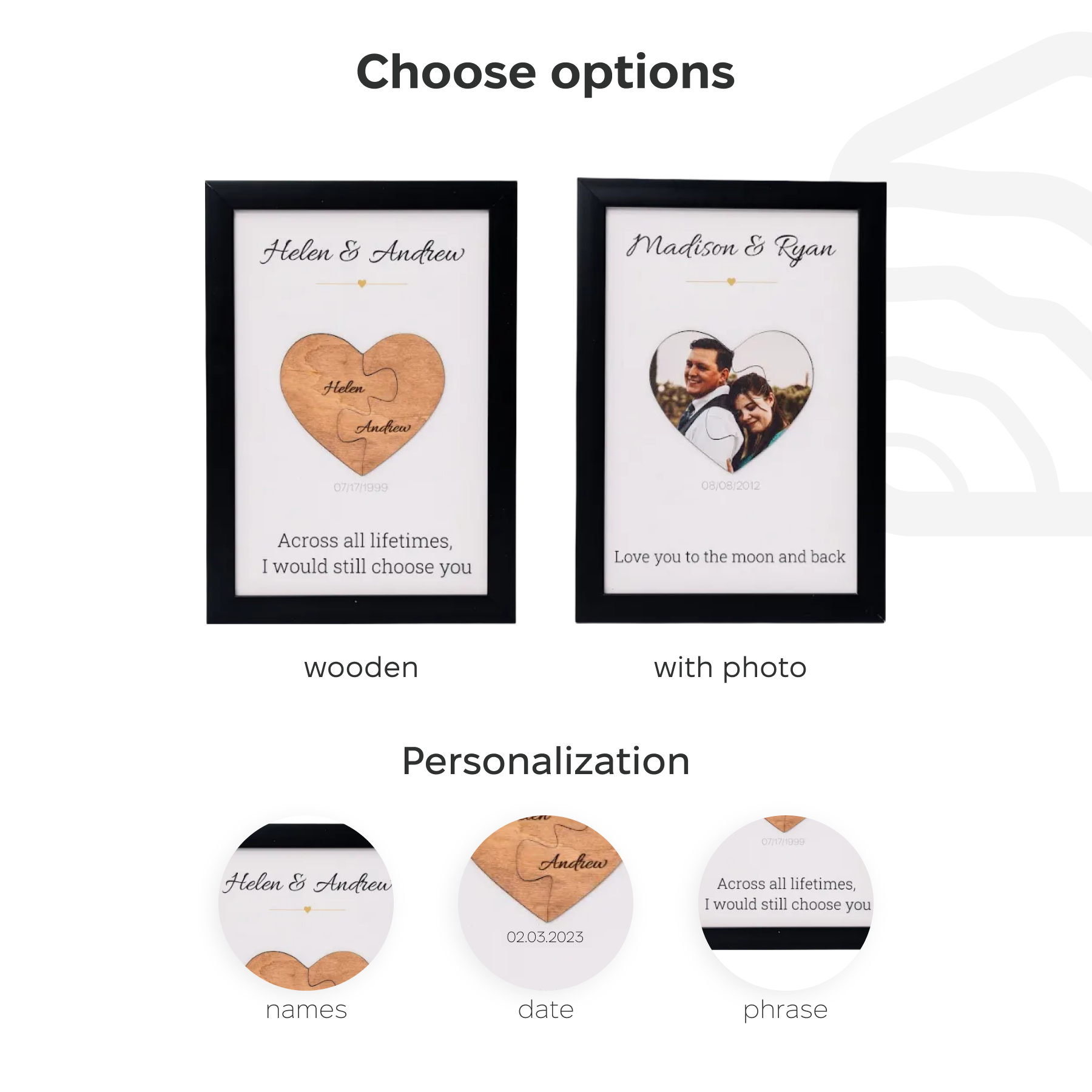 Two customizable heart-shaped products with options for names, a photo, and a phrase on a white background.