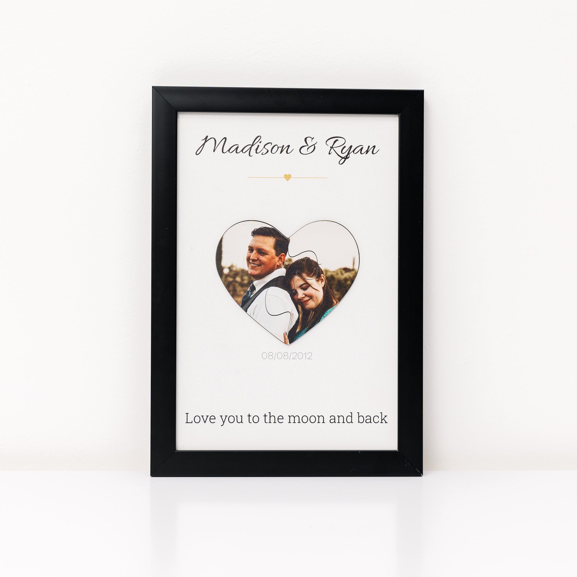 Framed photo of a couple with 'Love you to the moon and back' text on a white background