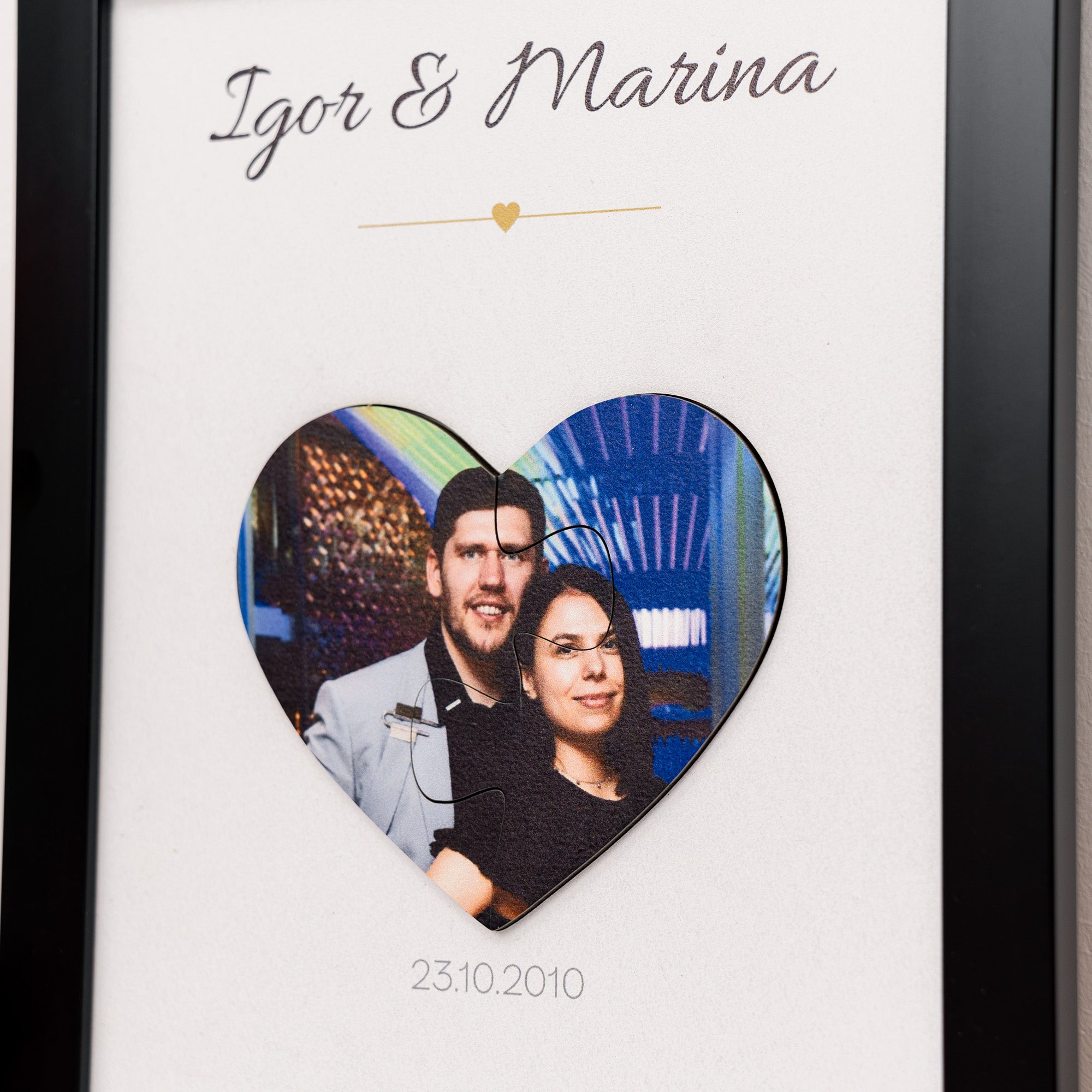 Heart-shaped photo frame with a couple's portrait and personalized text on a white background