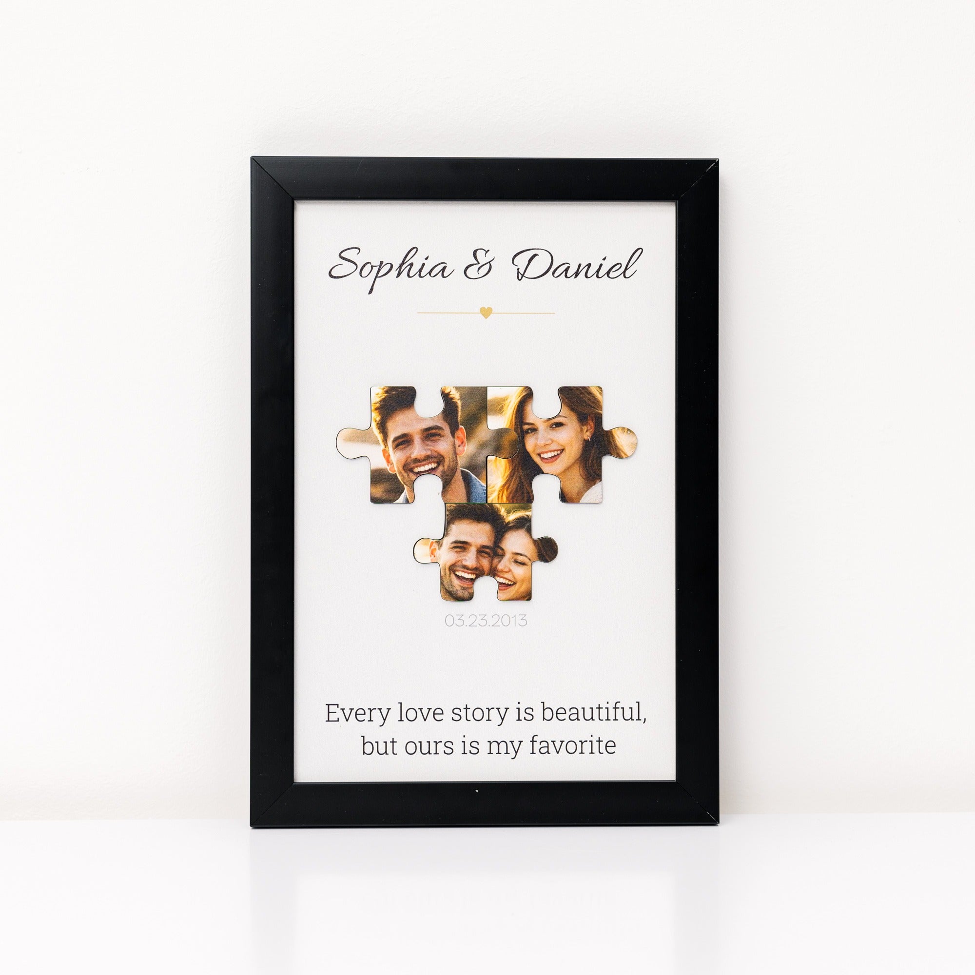 Personalized photo frame with a couple's names and a quote on a white background
