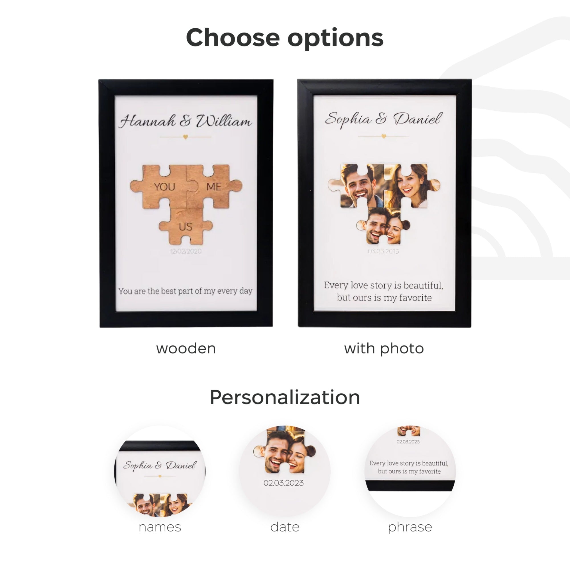 Personalized photo frame options with customizable text and images on a white background.