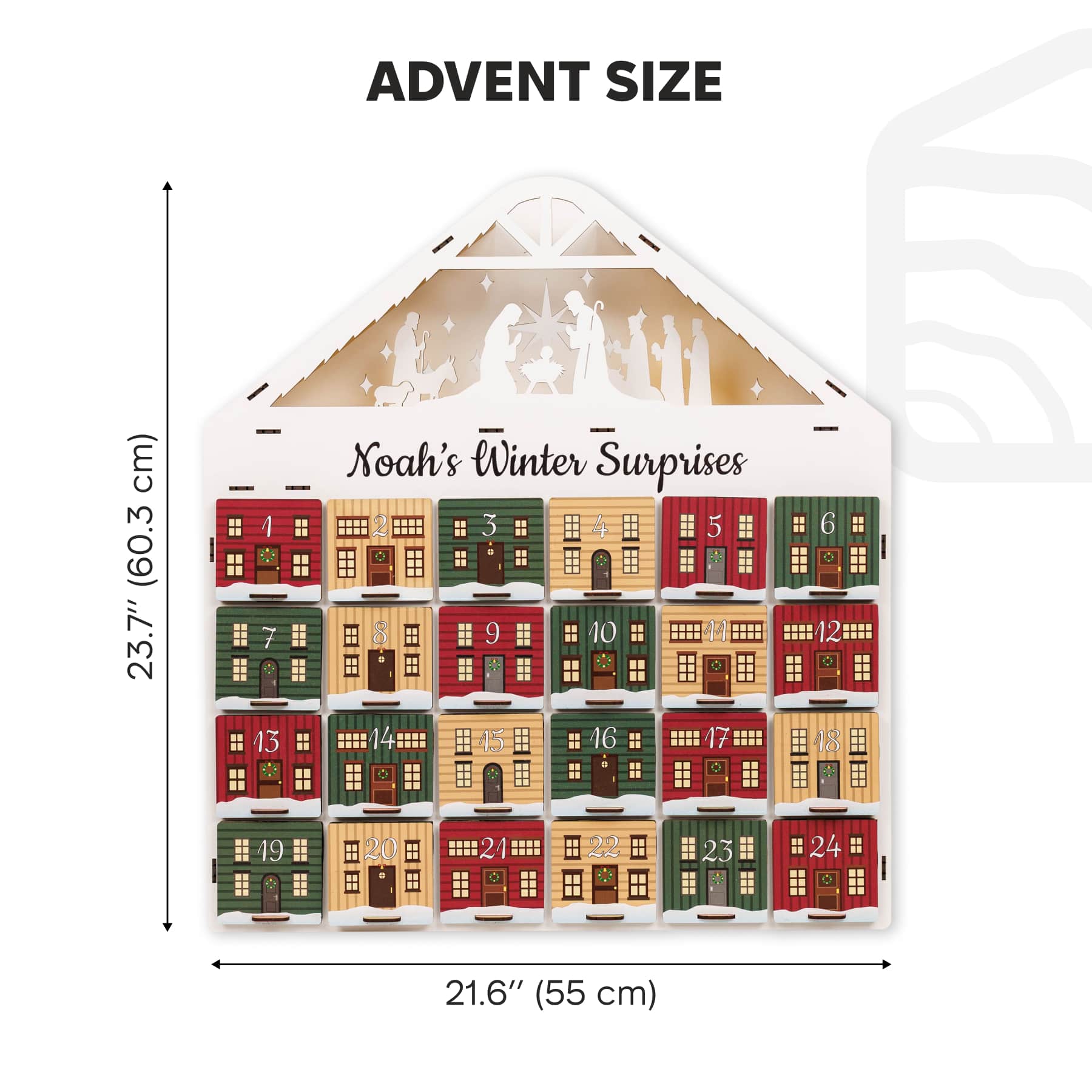 Noah's Winter Surprises advent calendar with dimensions on a white background