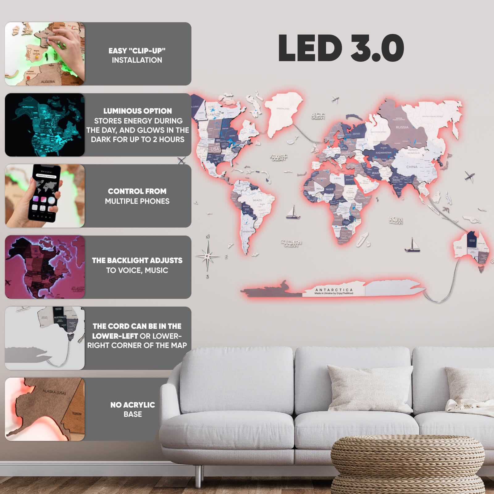Crucero 3D LED / LUMINOSO Mapa Mundial de Madera 3.0