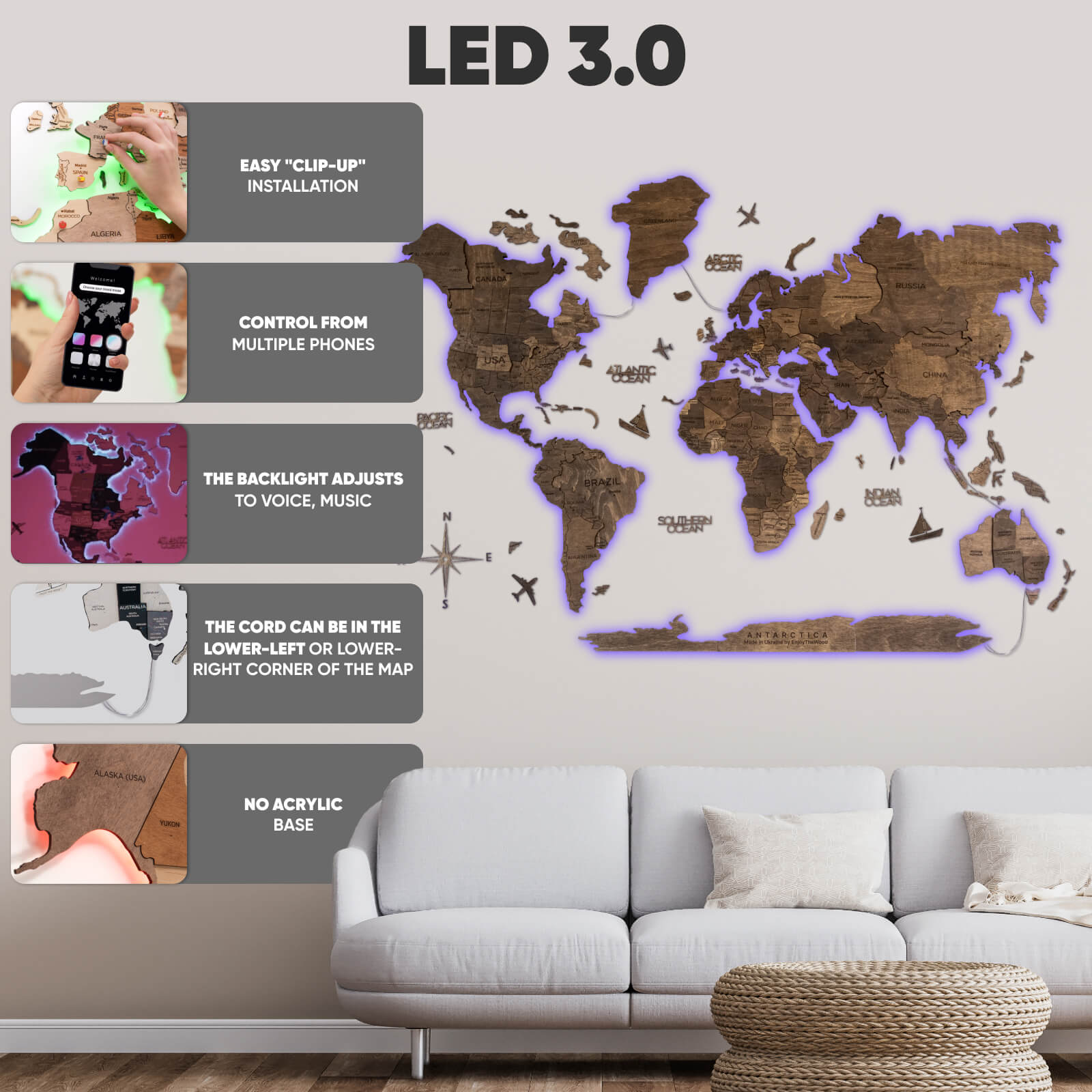 Mapamundi de madera LED 3D 3.0 Nogal oscuro