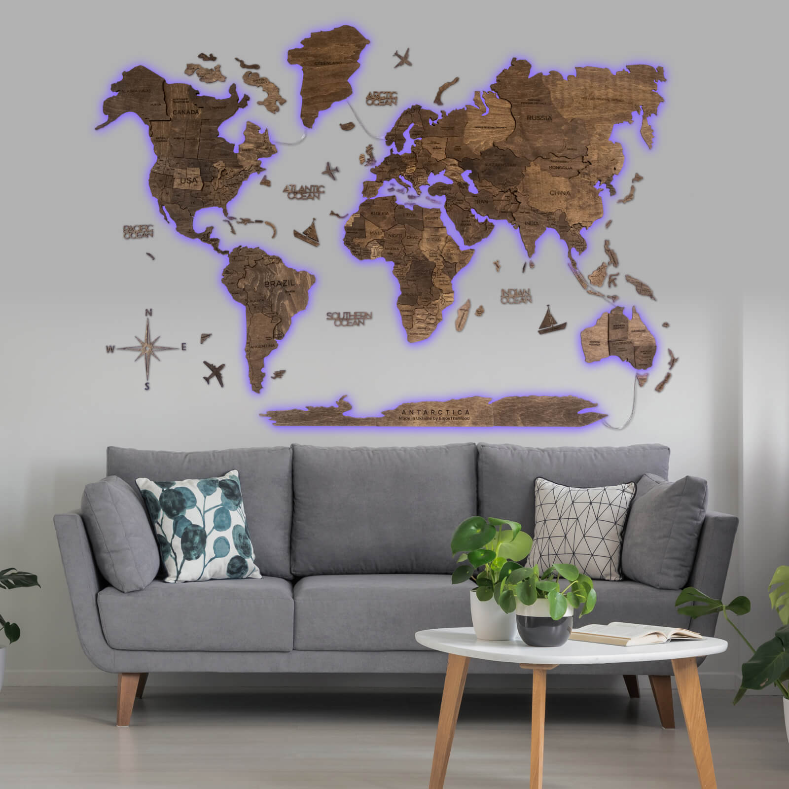 3D LED Wooden World Map → Dark Walnut → Enjoy The Wood