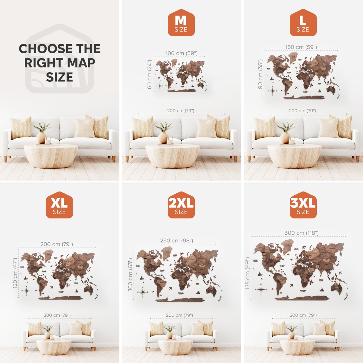 World map wall decal with size chart in a living room setting