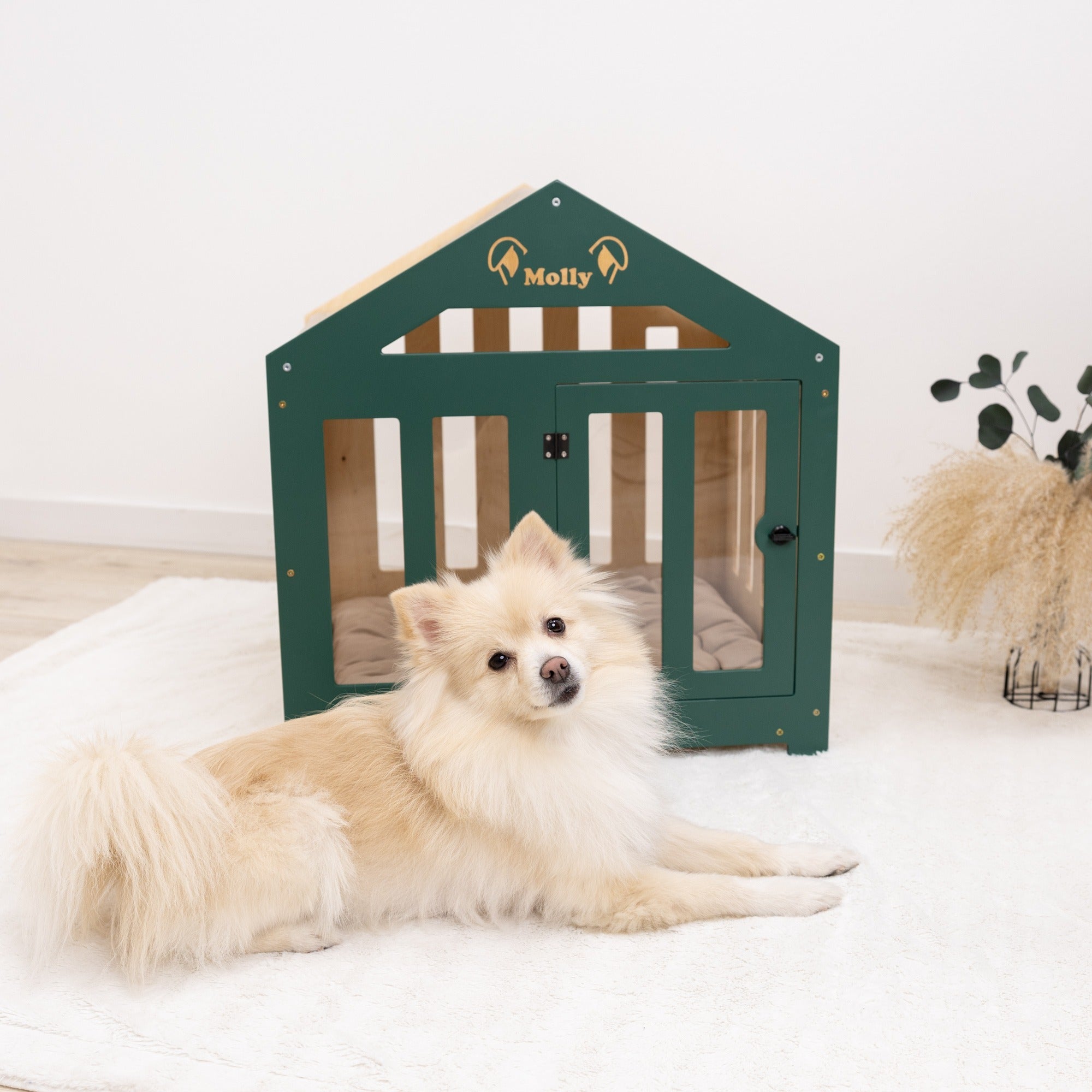 【トオル】Puppy Wood House 犬ドッグ ペット ハウス 韓国 Dog House with a Fabric Roof - Green | Enjoy The Wood