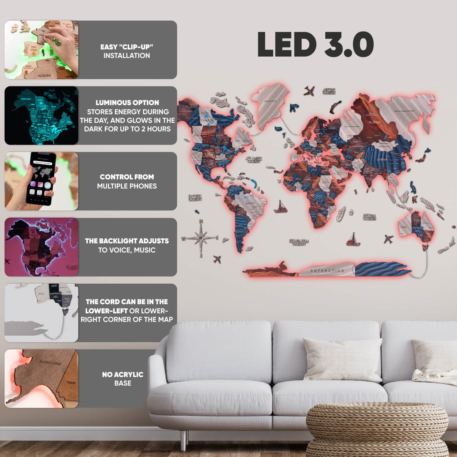 3D LED / LUMINOUS Wooden World Map 3.0 Duna