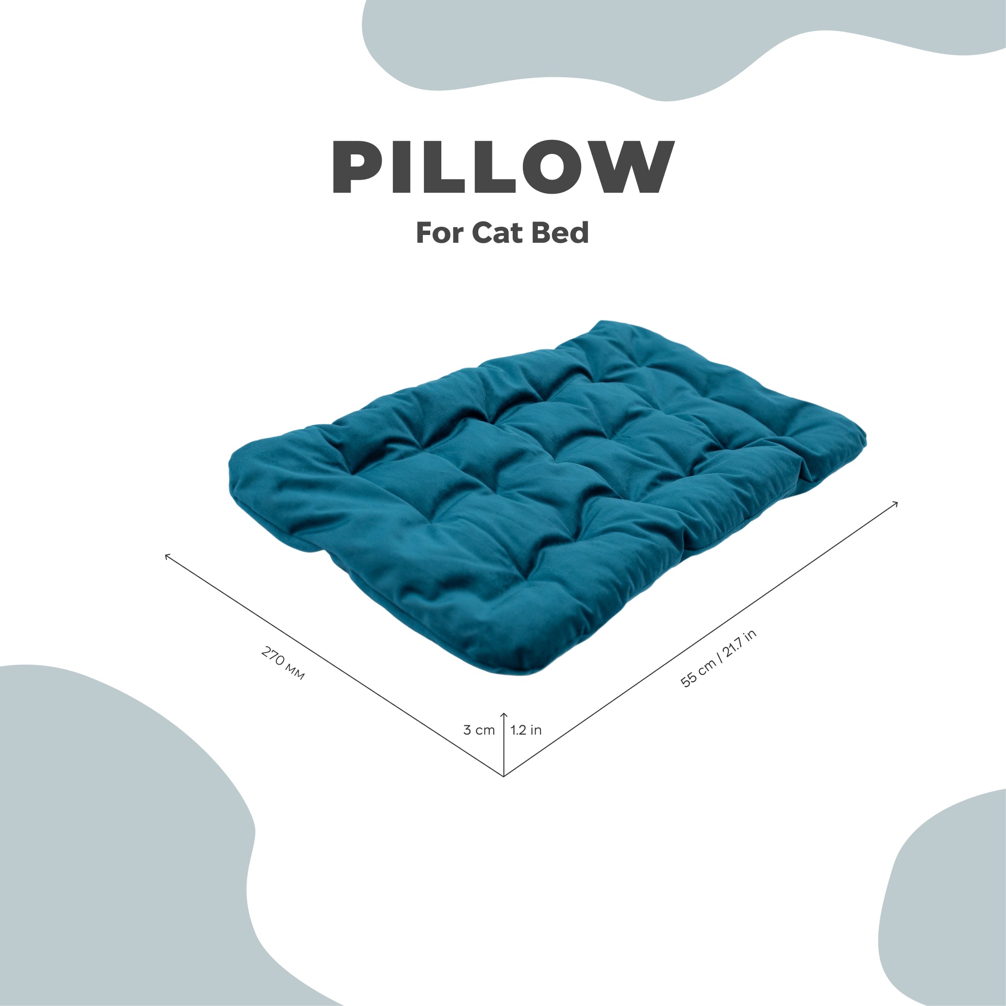 Blue pillow for cat bed with dimensions on a white background