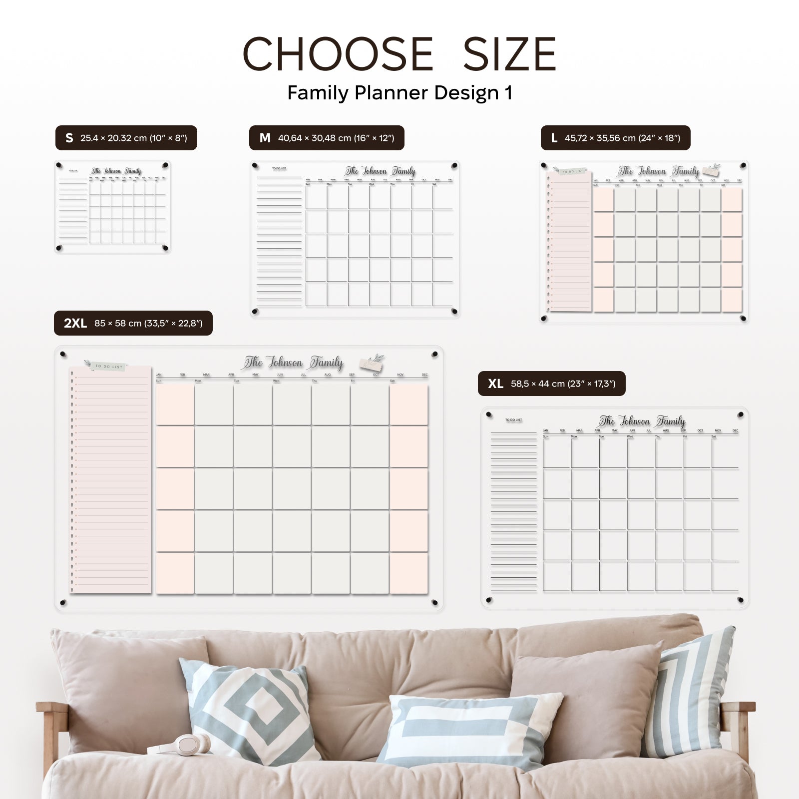 Family planner design options with size indicators on a white wall above a beige sofa.