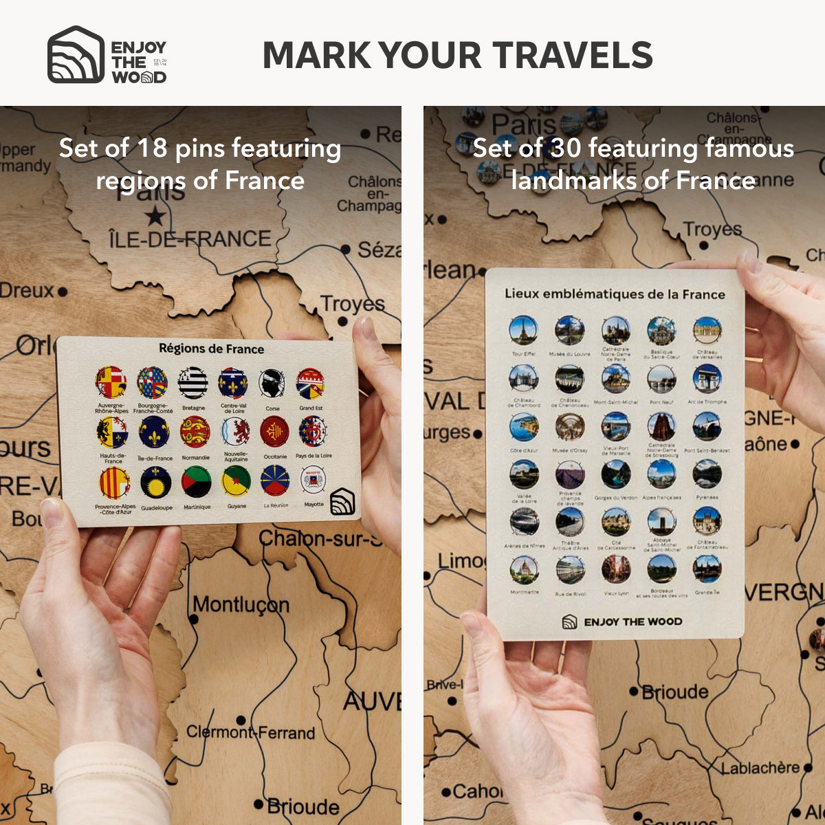 Two sets of wooden pins featuring regions and landmarks of France on a map background.