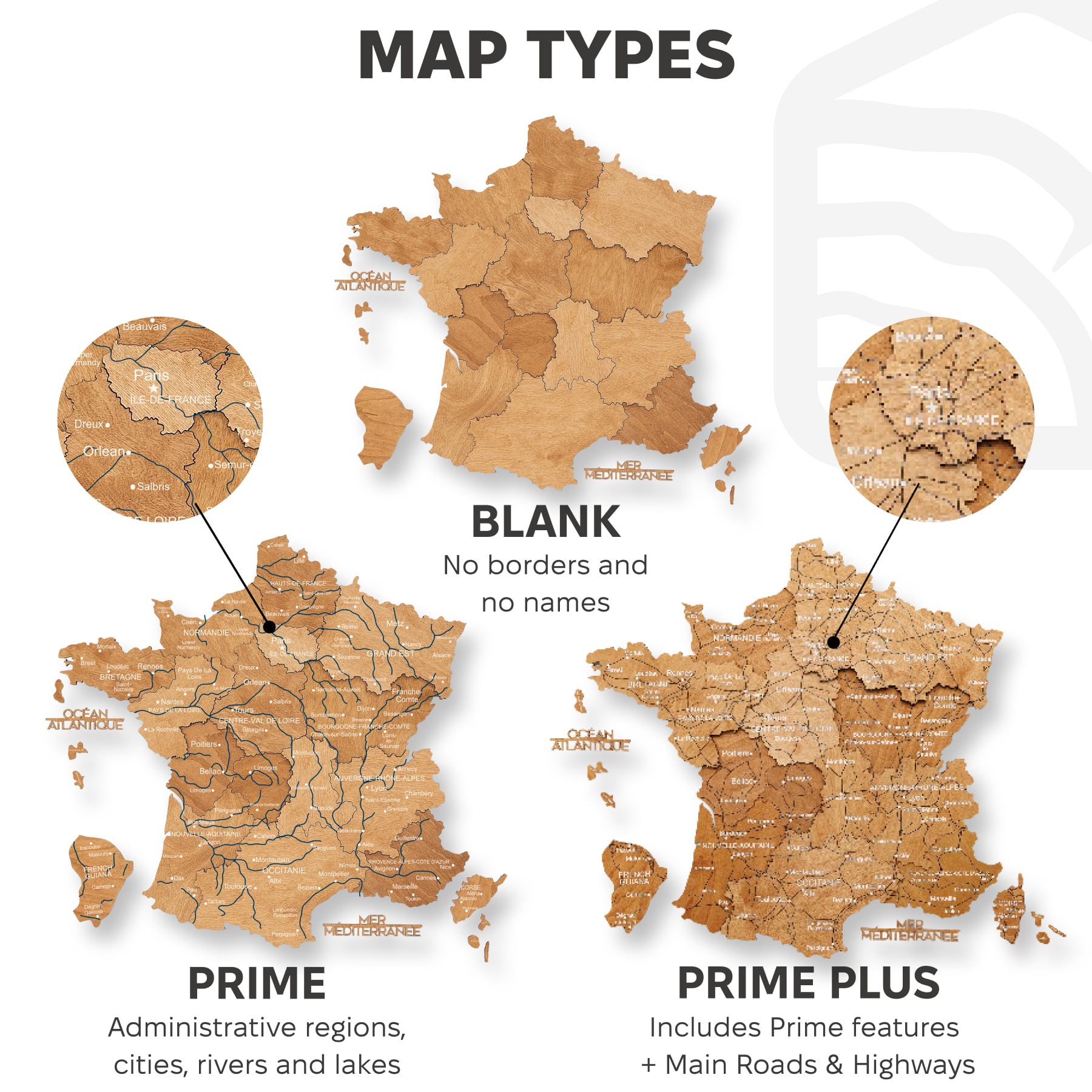 Comparison of different map types with labels on a white background