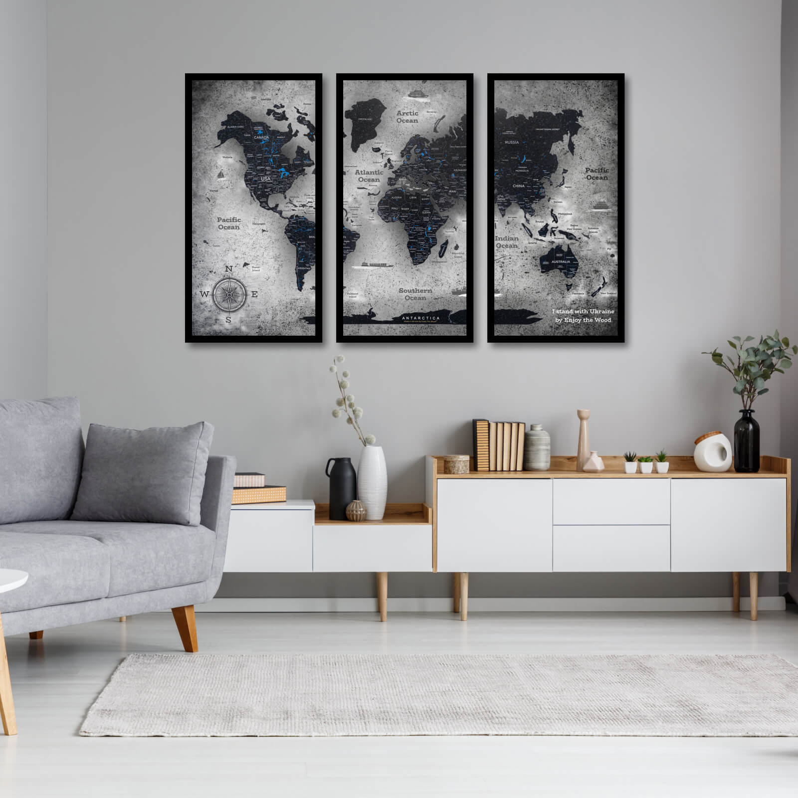 vintage world map triptych