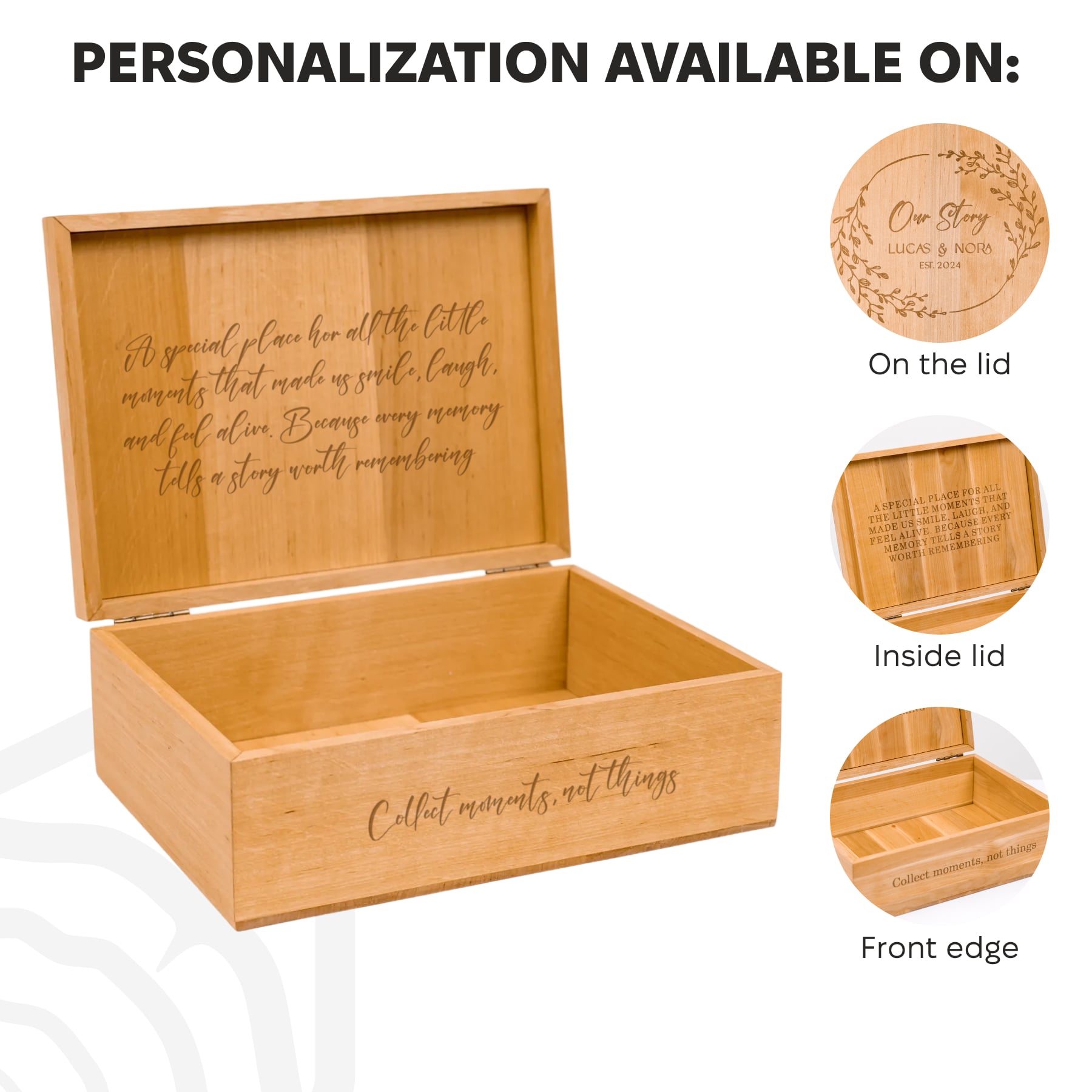 Wooden memory box with text and options for personalization on lid, inside lid, and front edge.