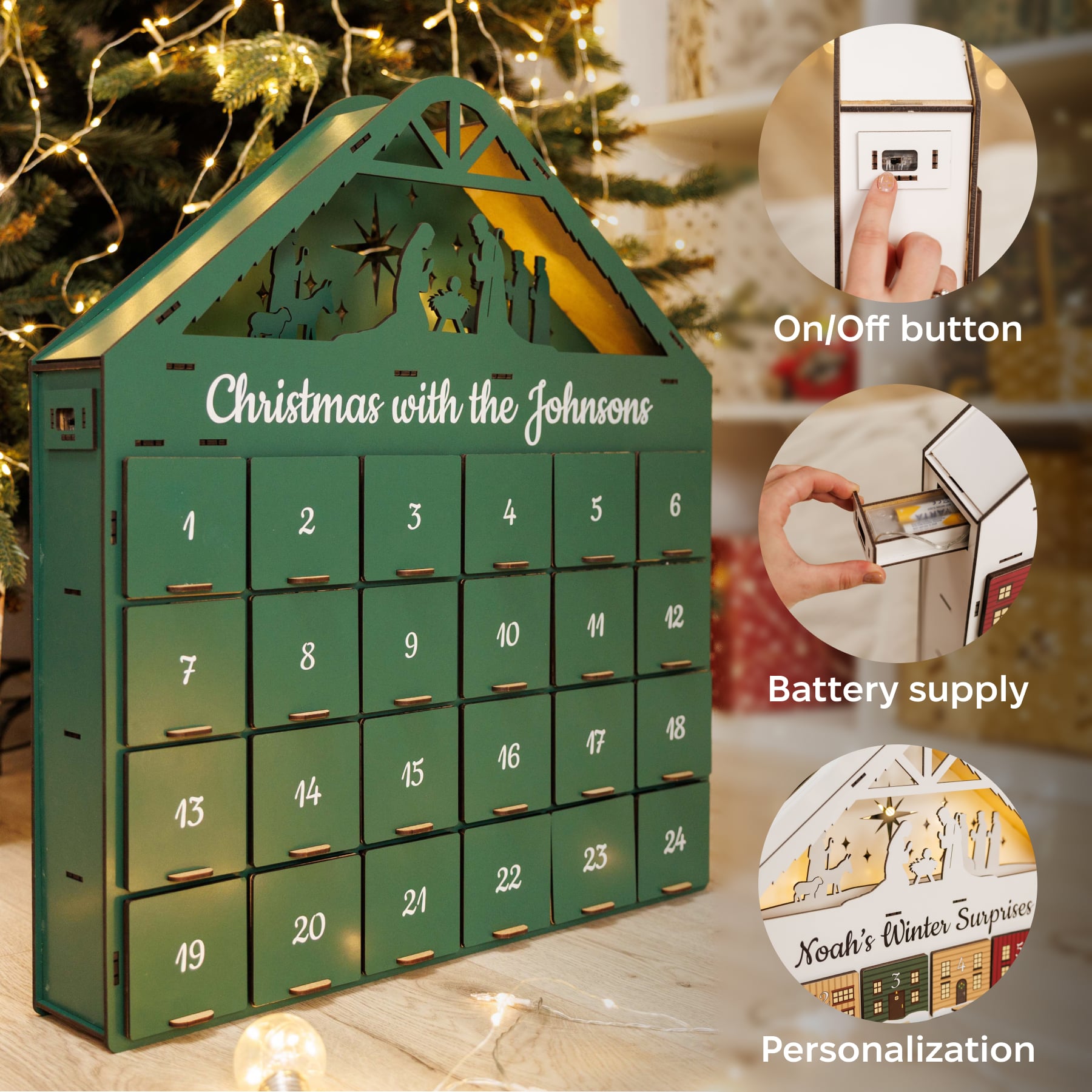 Green house-shaped advent calendar with Christmas tree and lights in the background