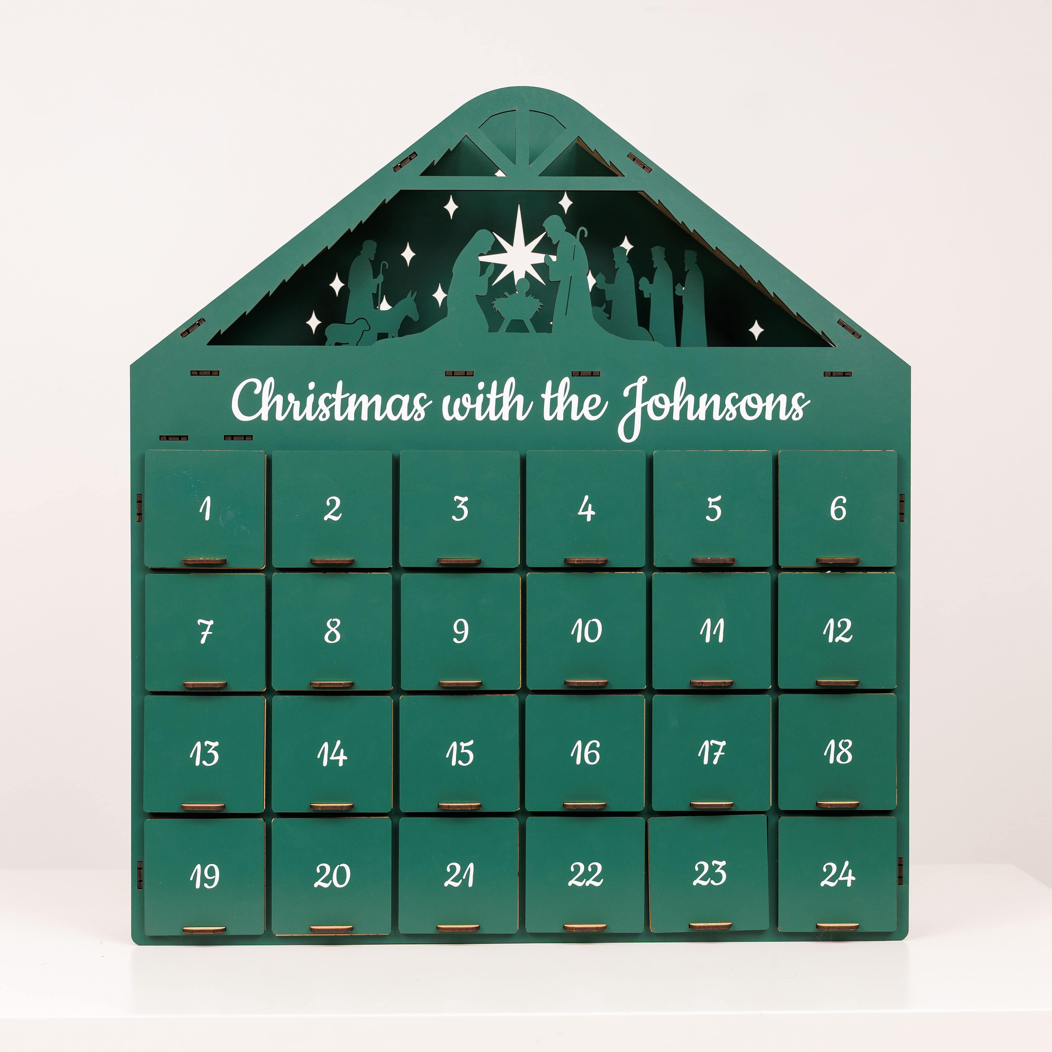 Green advent calendar with 'Christmas with the Johnsons' text on a white background