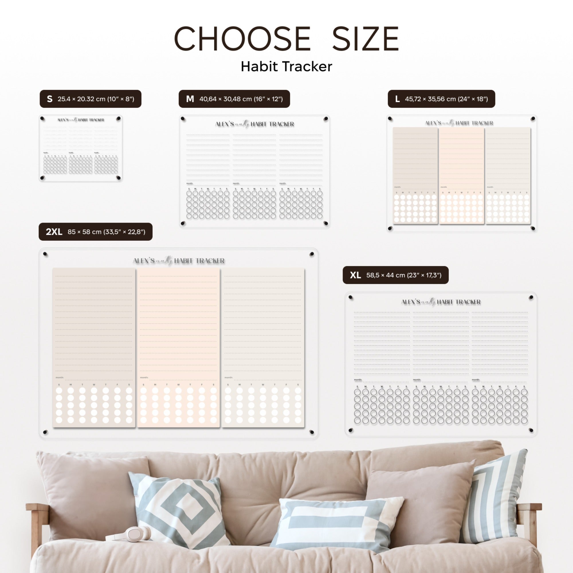 Habit tracker with size options displayed above a sofa.