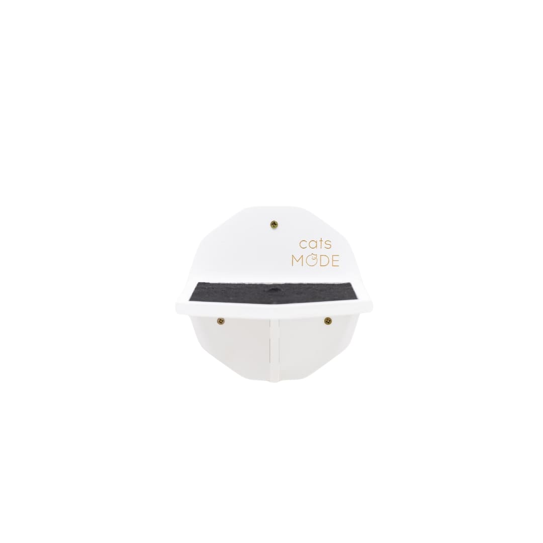 Round white object with black interior and 'cats mode' text on a white background