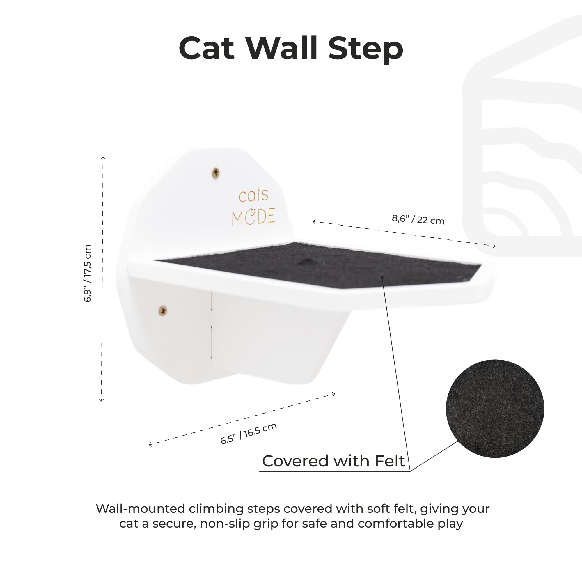 Cat wall step with dimensions and material details on a white background