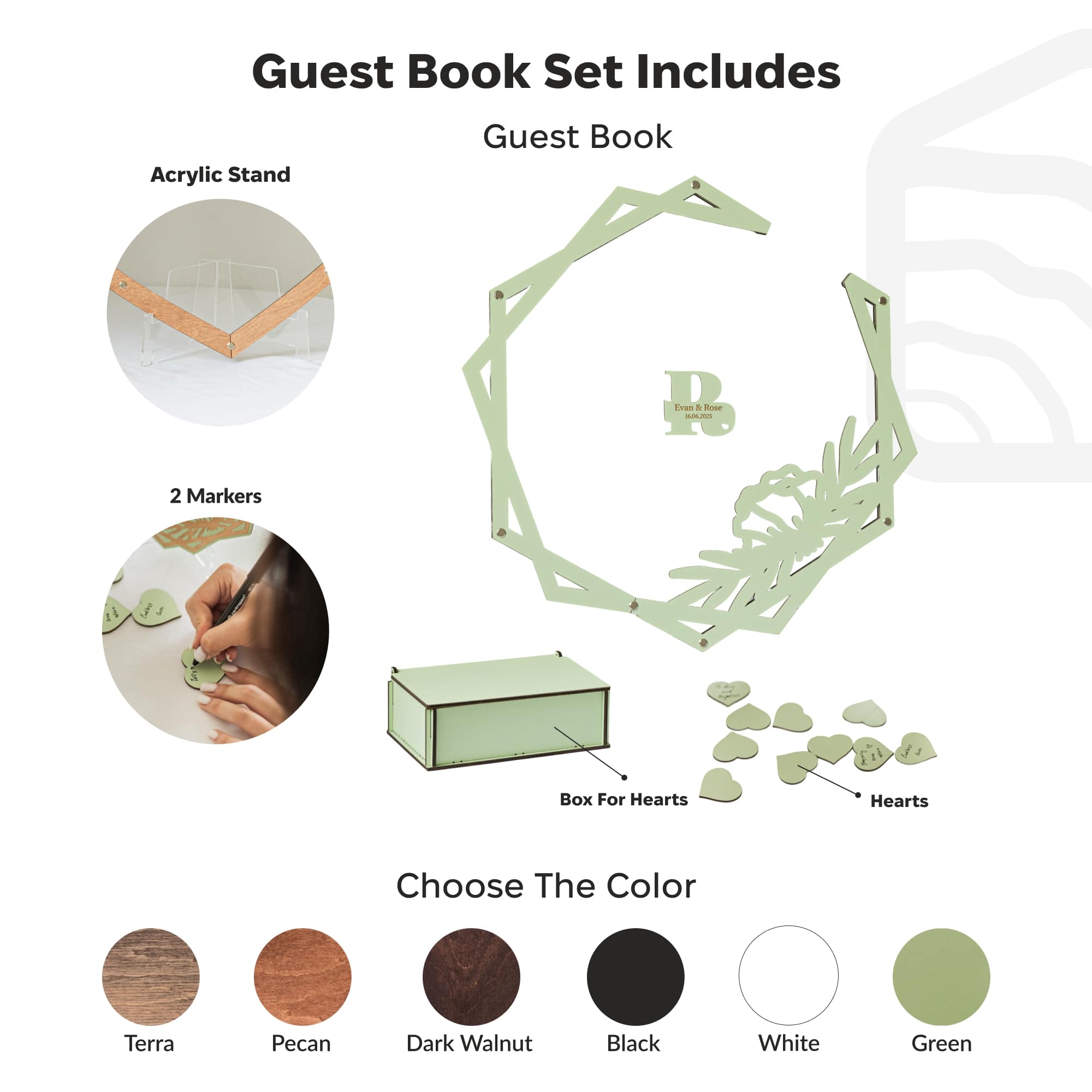 Guest book set with acrylic stand, markers, and box for hearts on a white background.