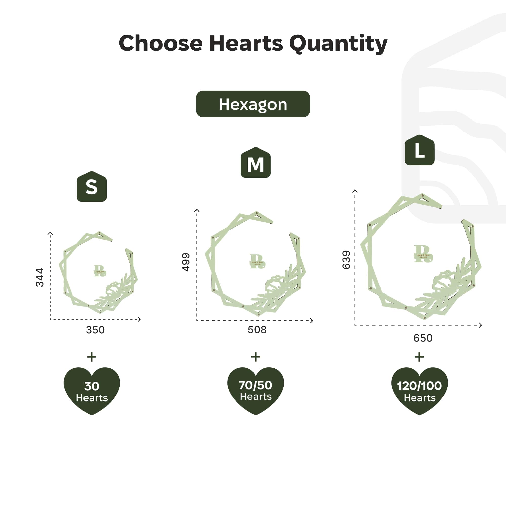 Hexagonal heart shapes with size options and heart counts on a white background
