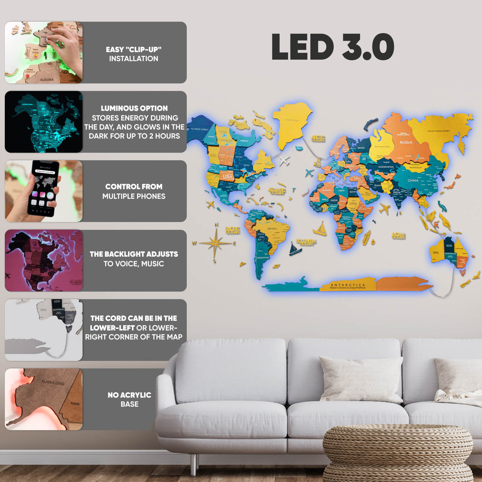 3D LED / LUMINOUS Wooden World Map 3.0 Indie
