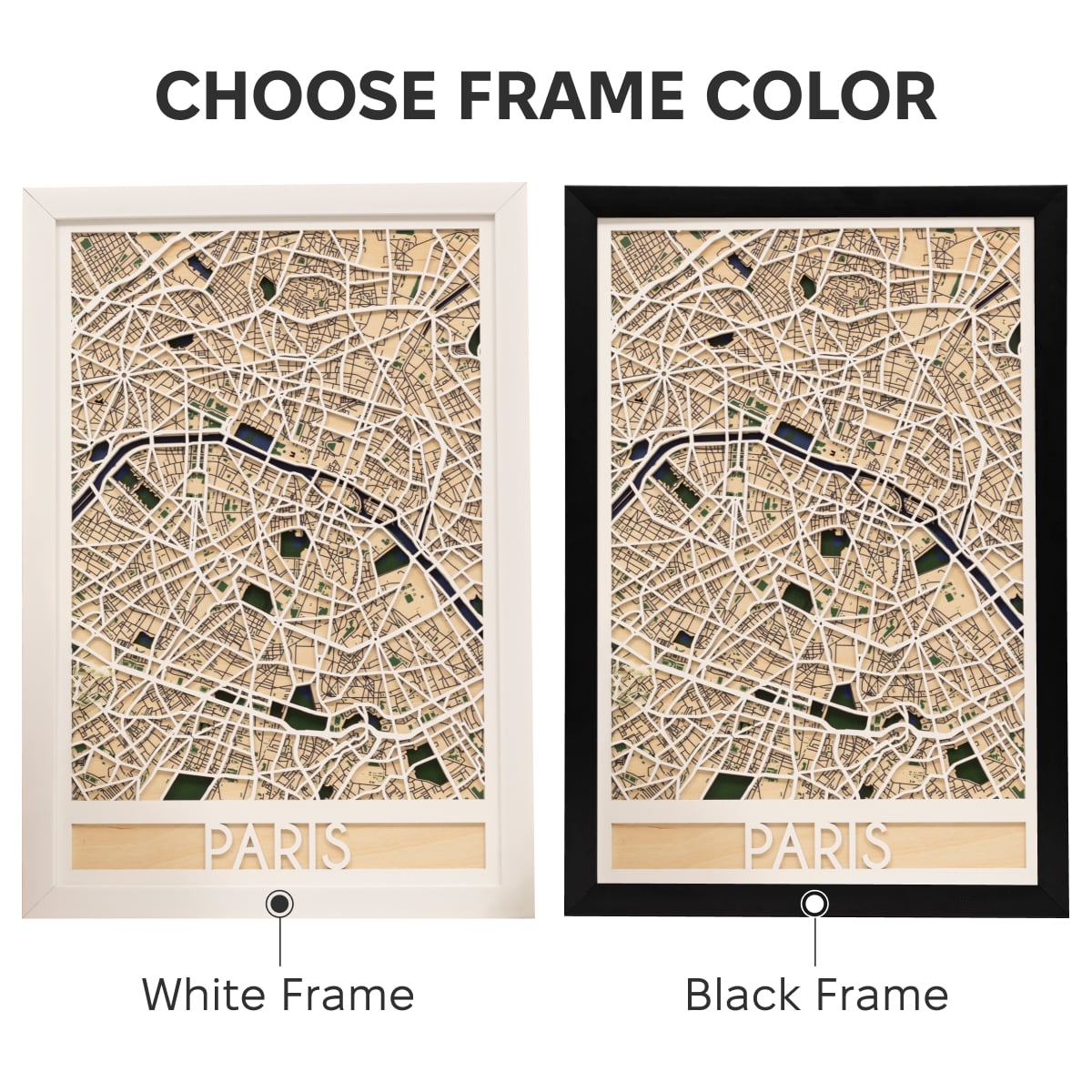 Two framed maps of Paris with white and black frames on a white background.