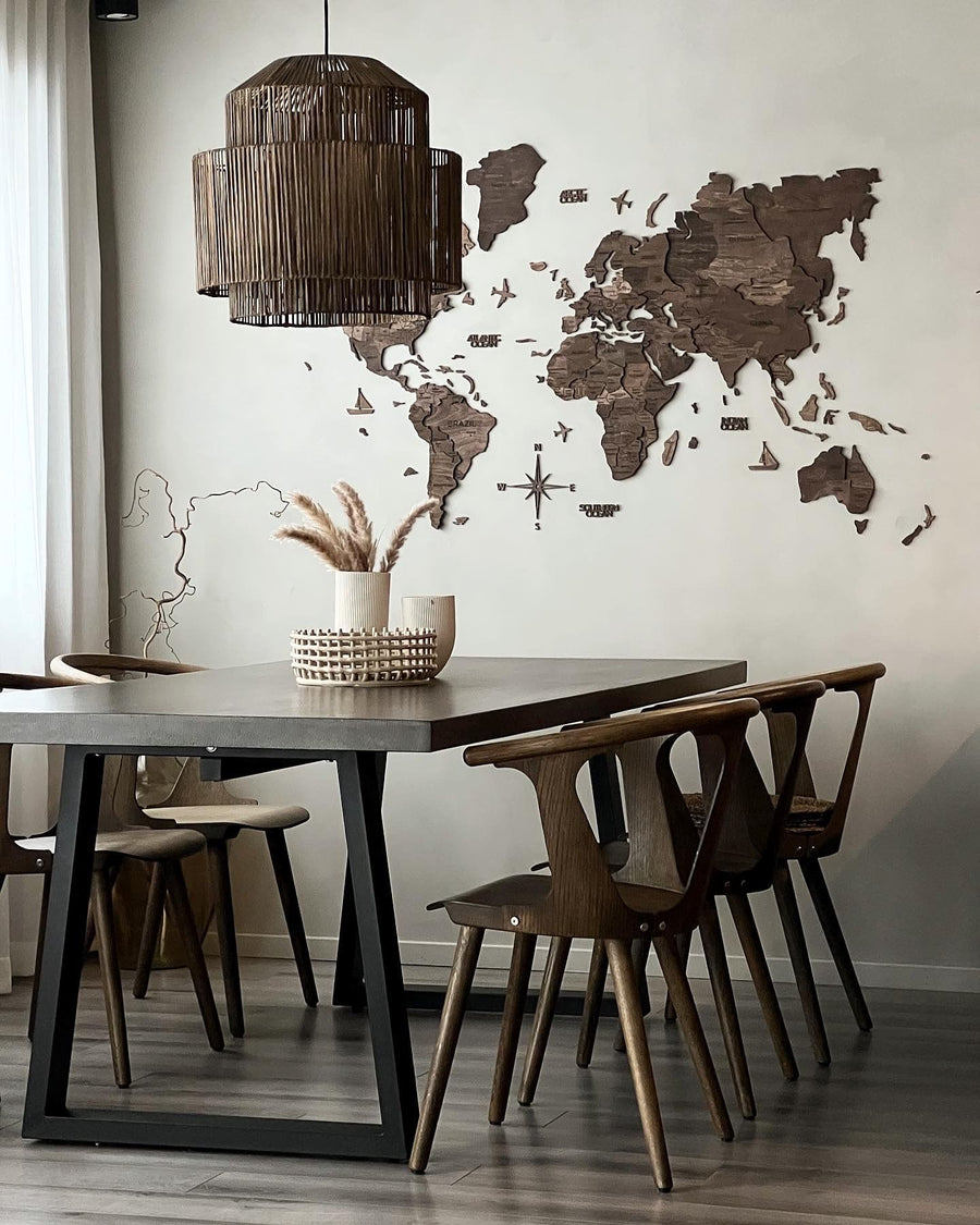 3D Wooden World Map Dark Walnut