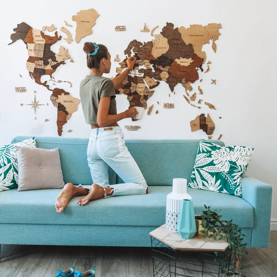 3D Wooden World Map Multicolor