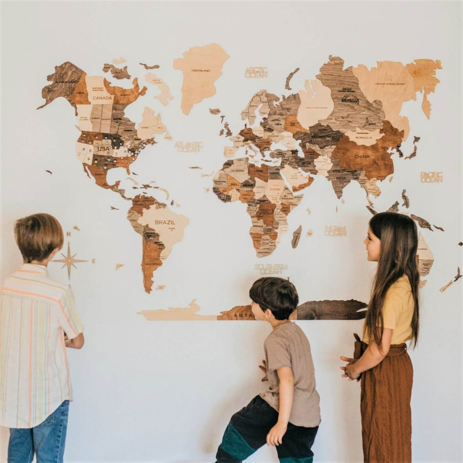 3D Wooden World Map Multicolor