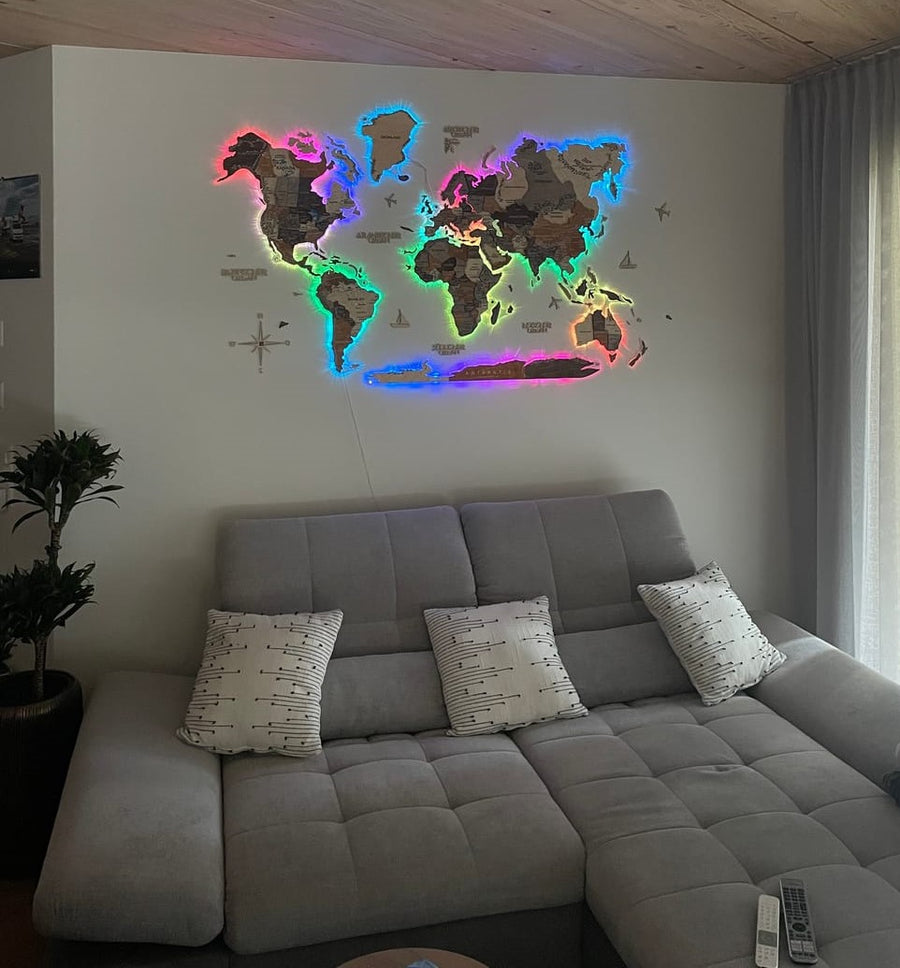 3D LED Wooden World Map Multicolor