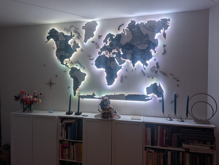 3D LED / LUMINOUS Wooden World Map Aqua