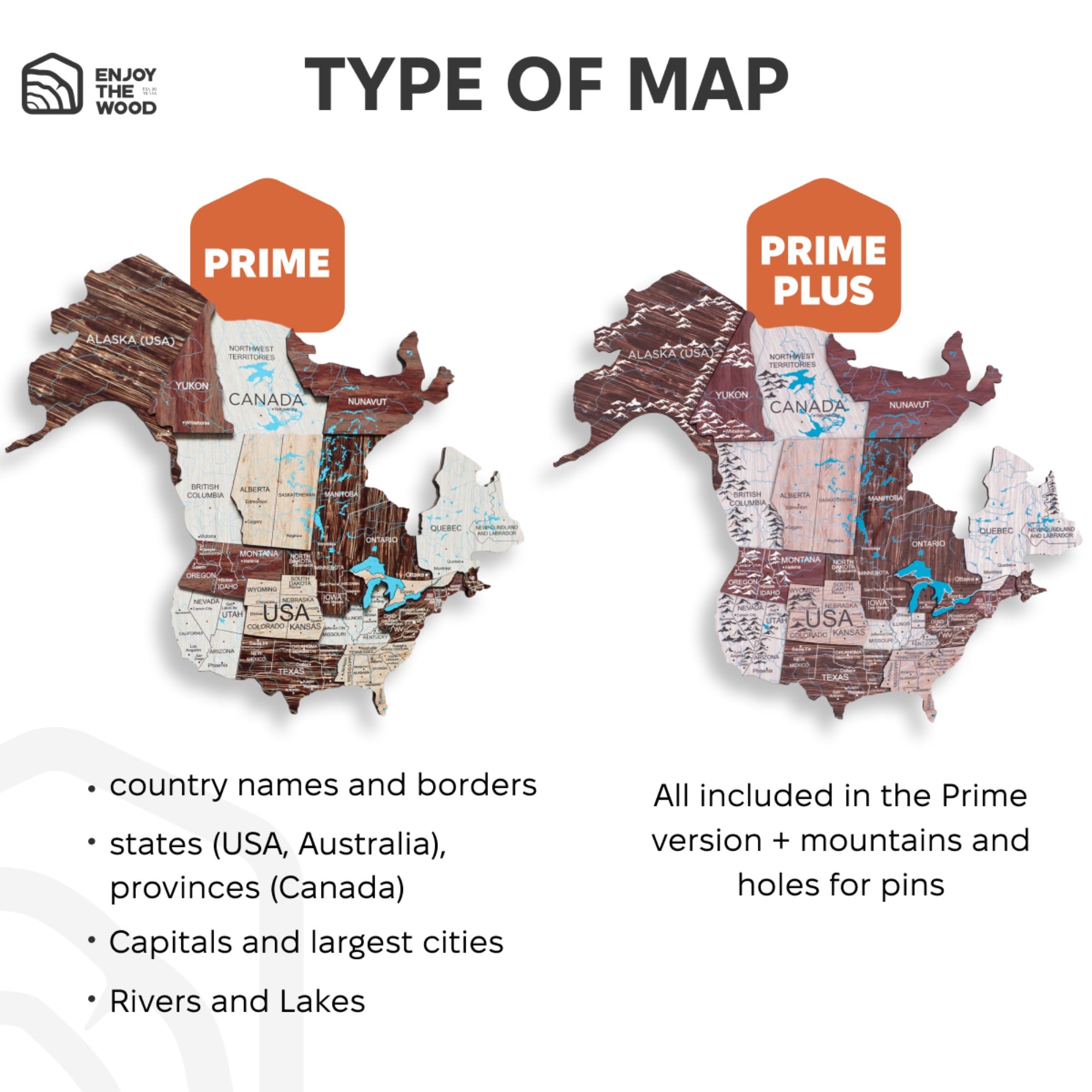 Two wooden maps of North America with labels for Prime and Prime Plus versions, showing country names, borders, and additional features.