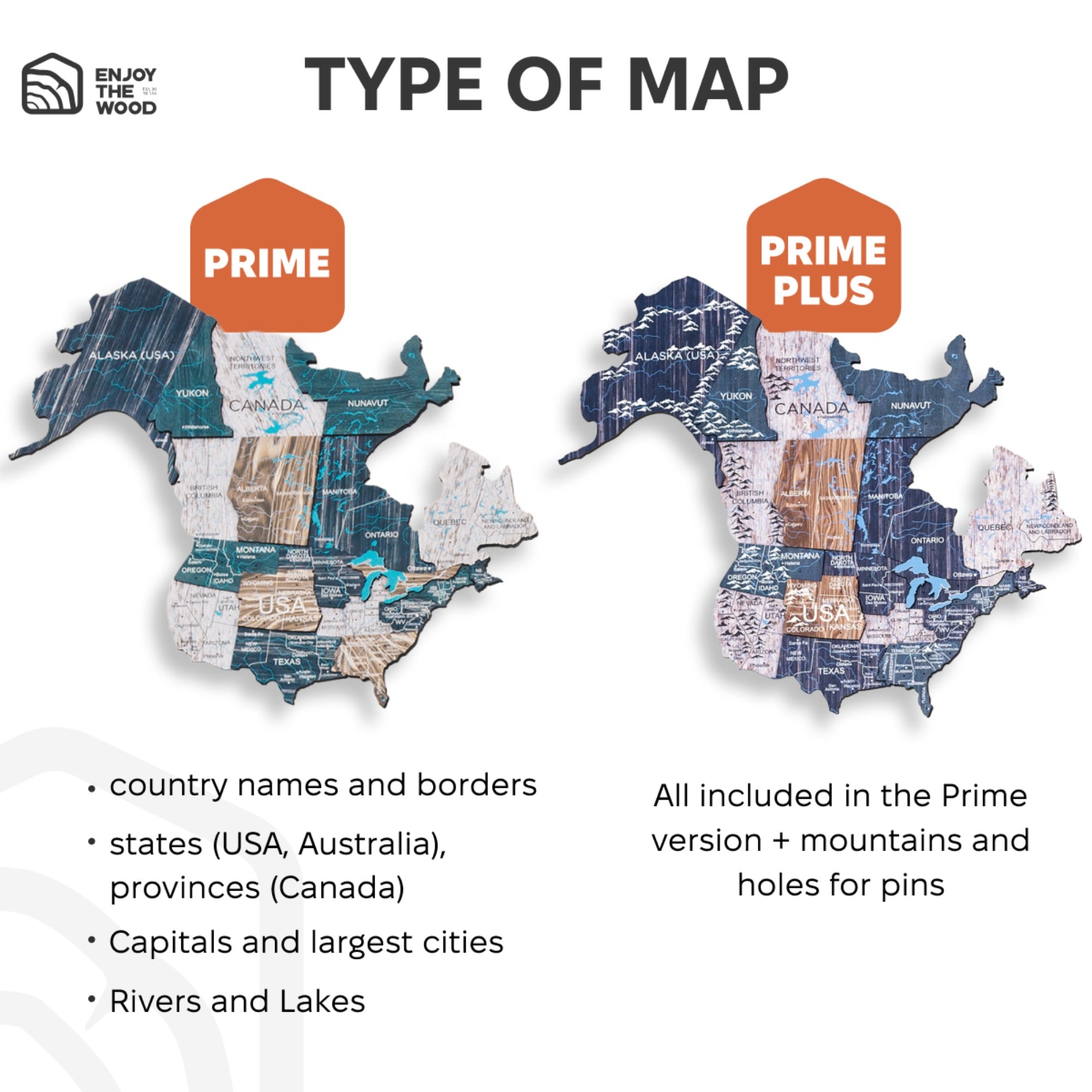 Two wooden maps of the USA with 'Prime' and 'Prime Plus' labels, showing different features.