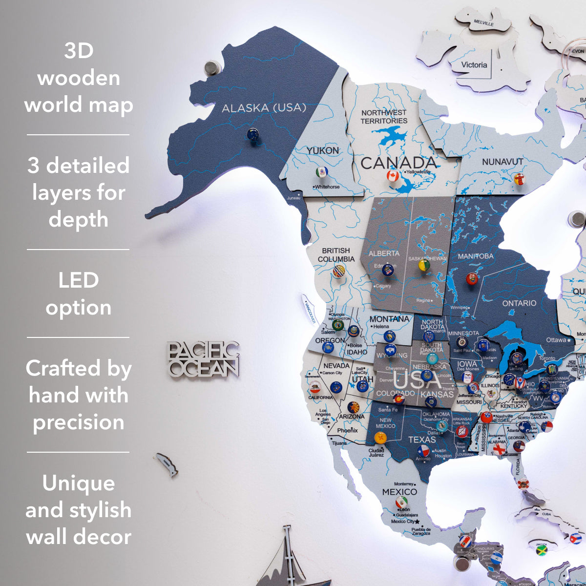 Wooden World Map with LED features