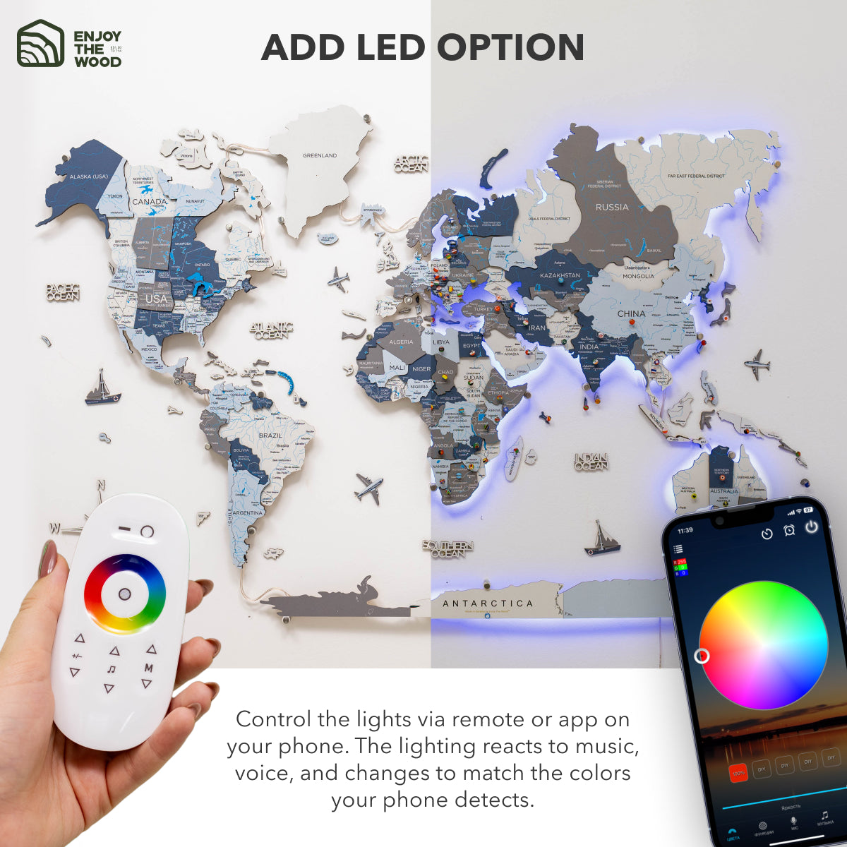 Wooden World Map with LED features