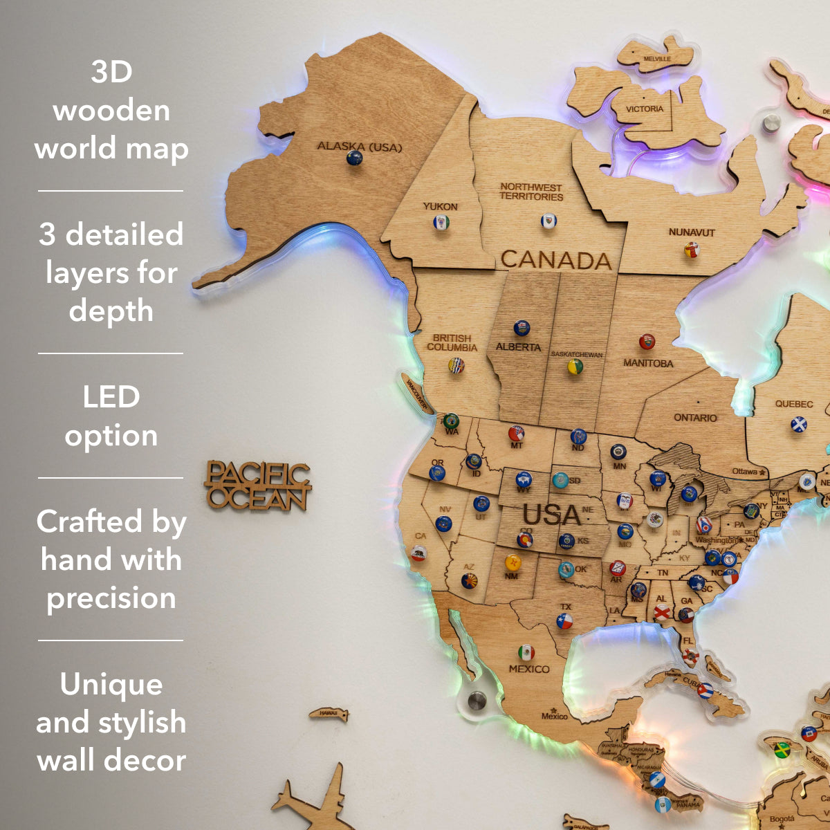 3D LED mapa del mundo de madera 2,0 (con fondo acrílico)