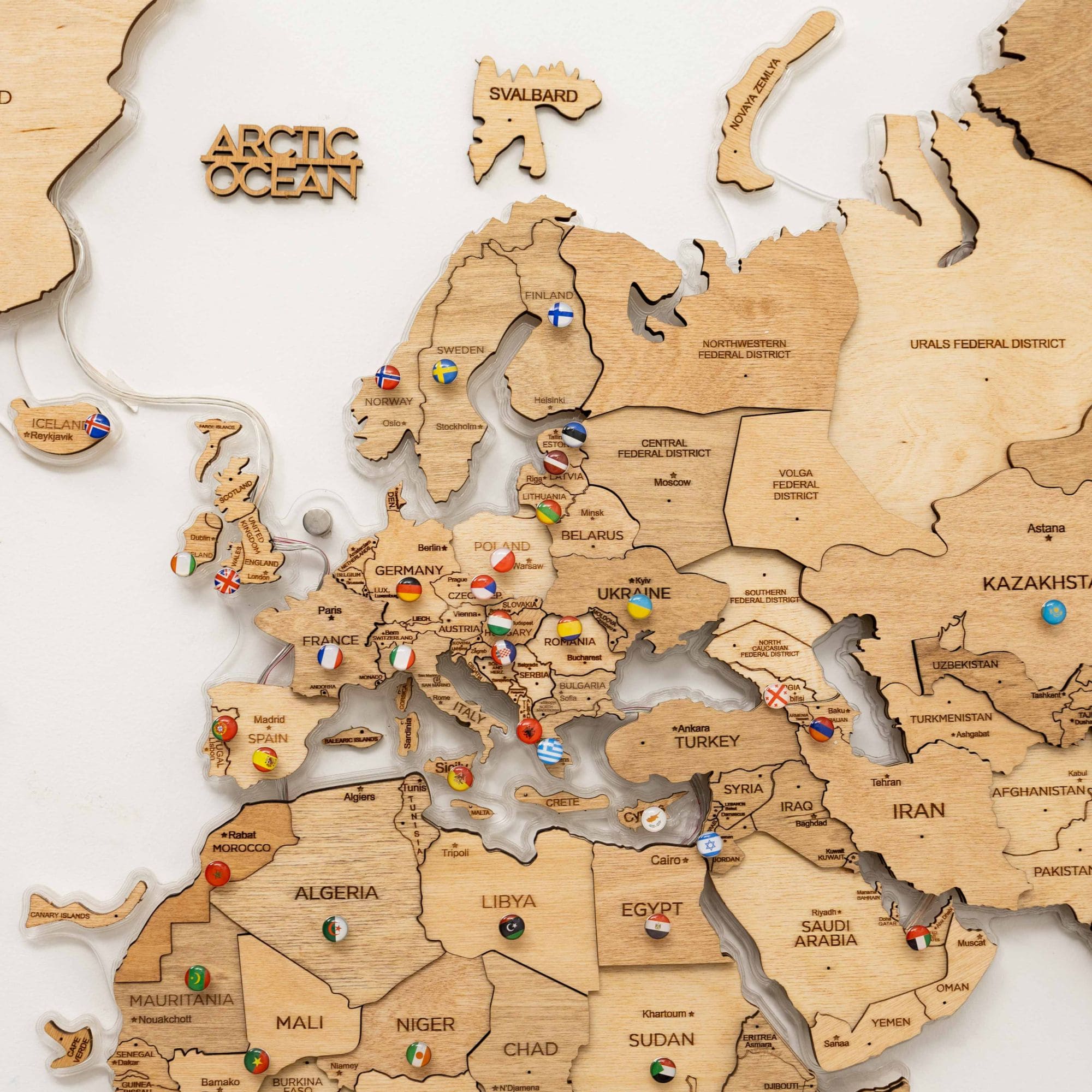 3D LED mapa del mundo de madera 2,0 (con fondo acrílico)