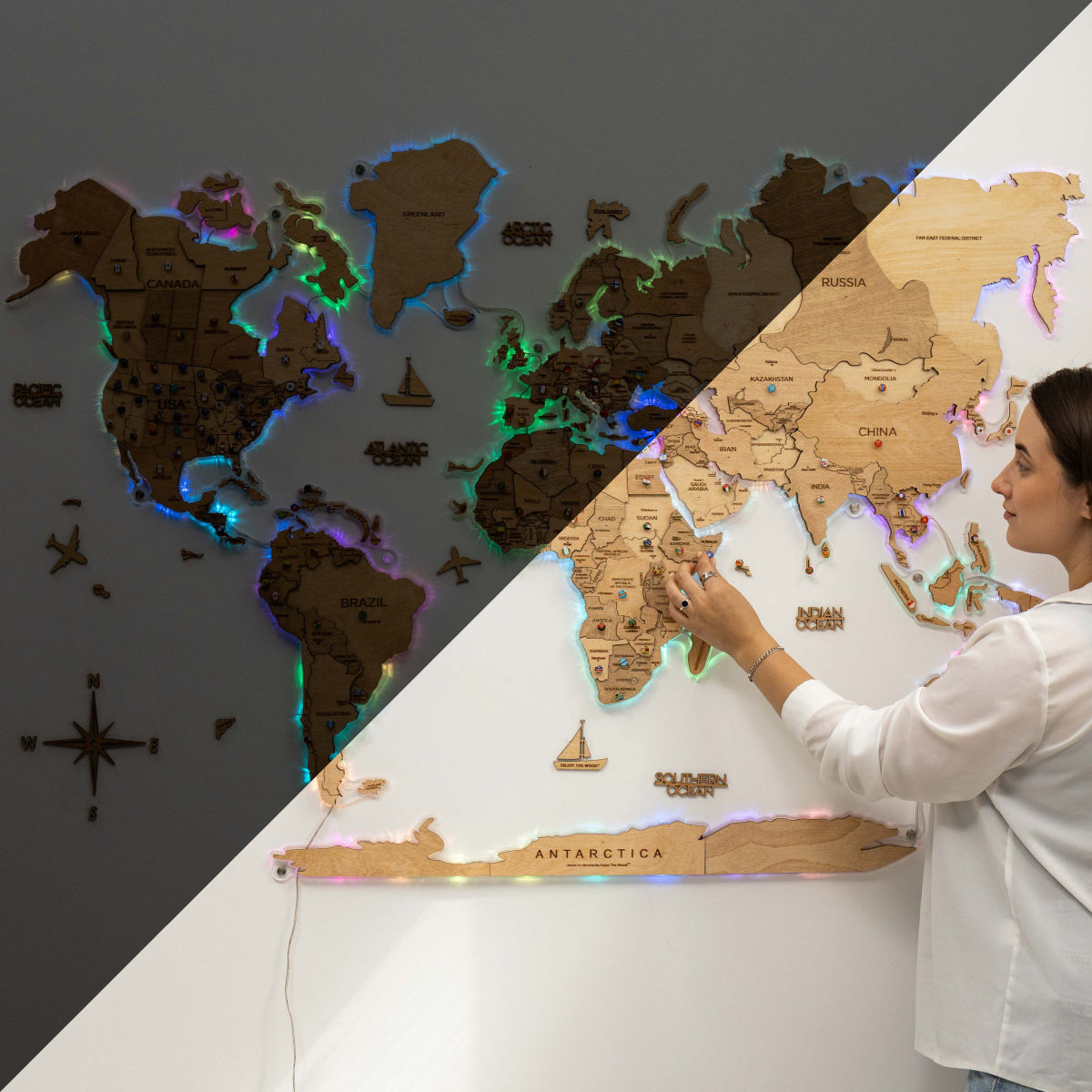 3D LED mapa del mundo de madera 2,0 (con fondo acrílico)