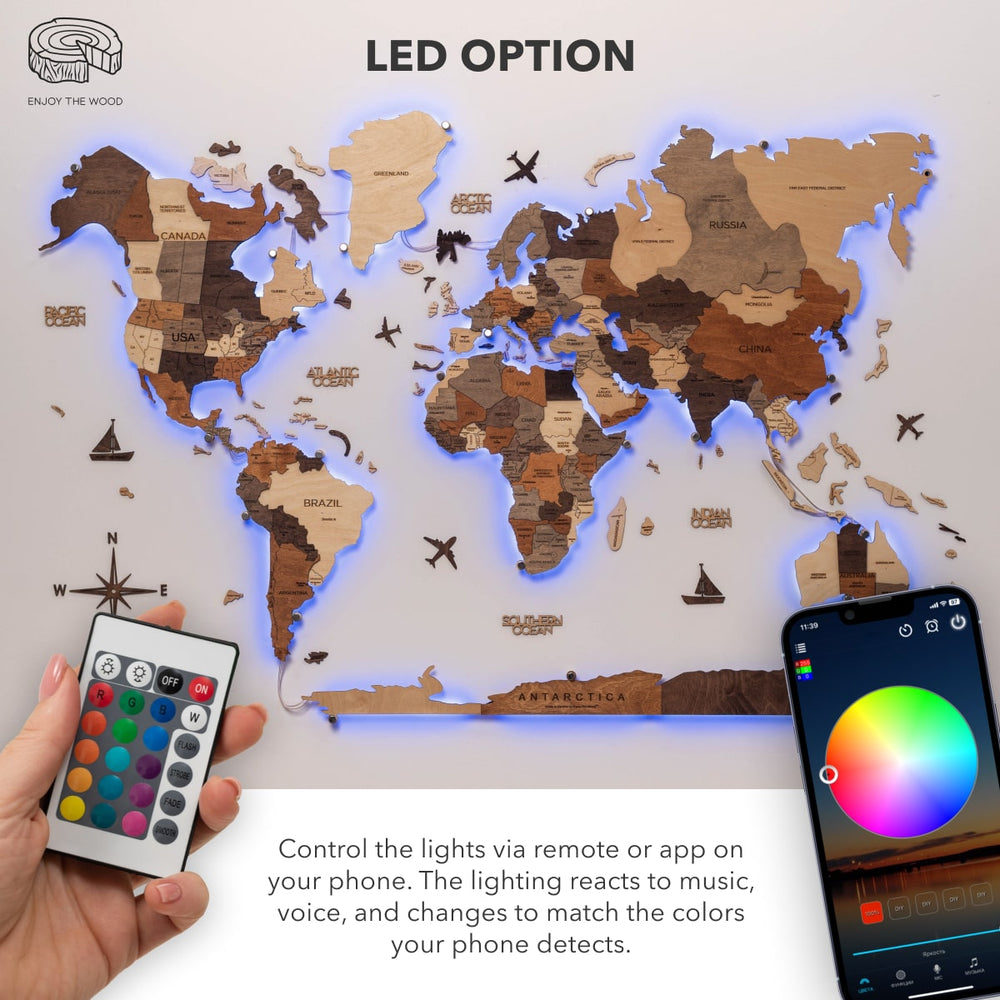 3D LED Wooden World Map from Enjoy The Wood ‣ Order Now