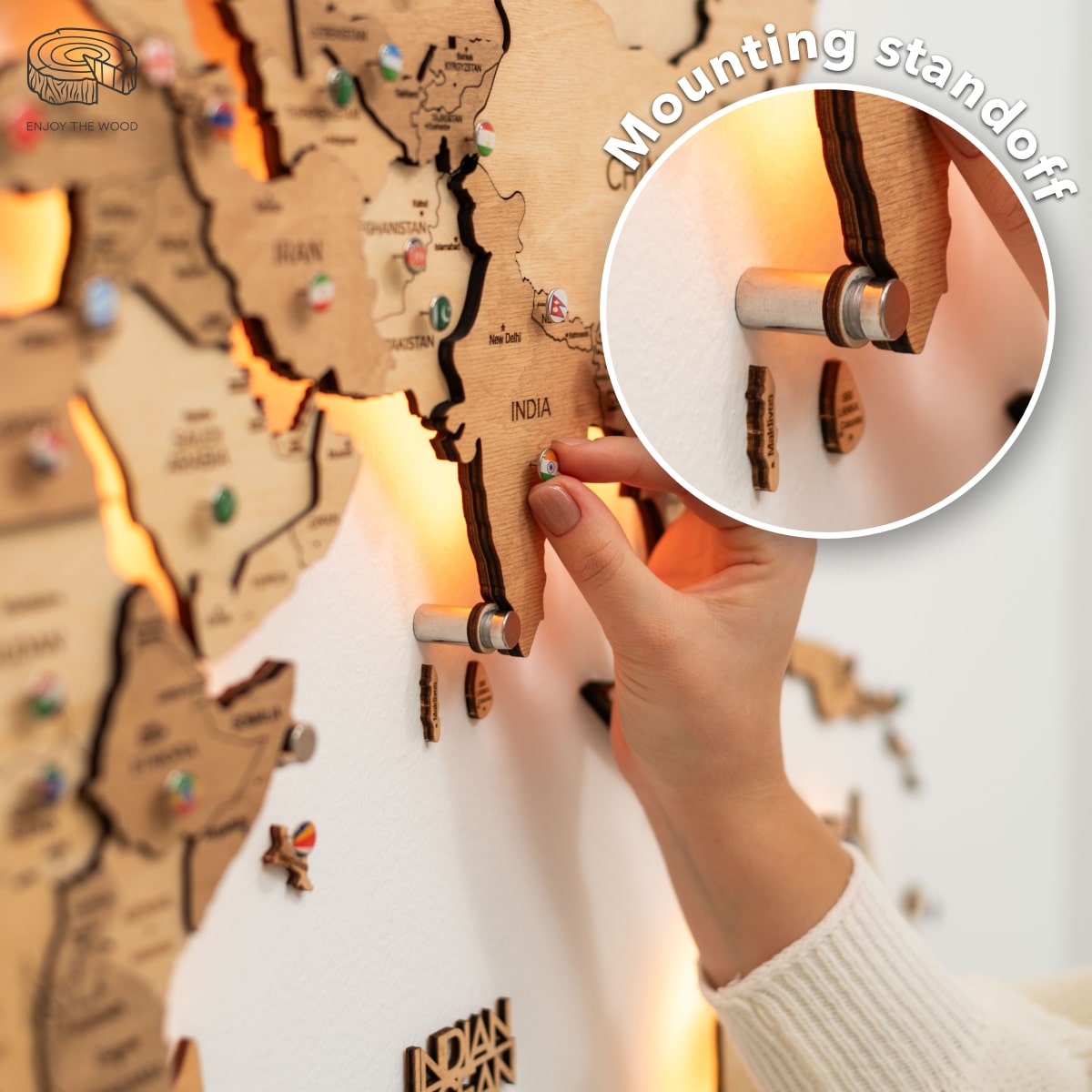 wooden world map with led