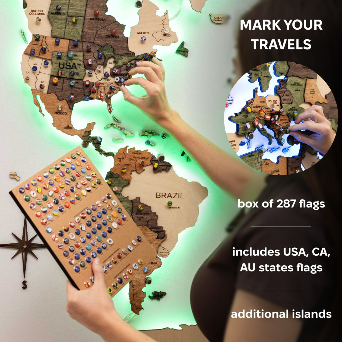 3D LED Carte du monde en bois 3.0 multicolore