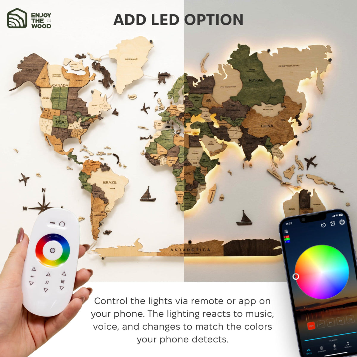 3D LED Carte du monde en bois 3.0 multicolore